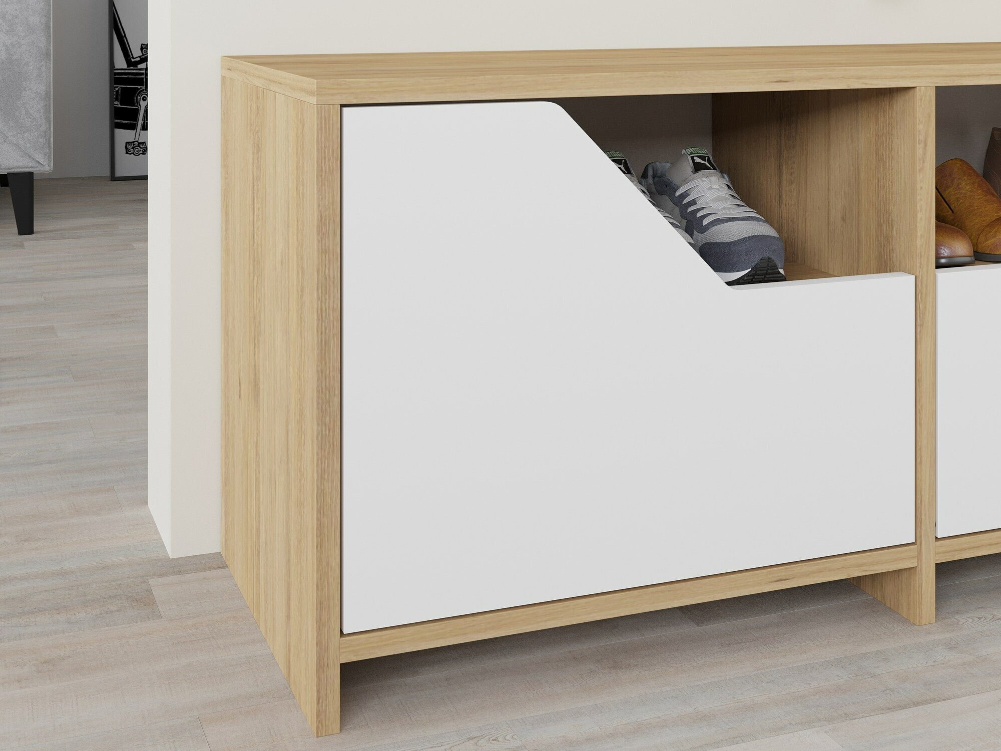 Шкаф за обувки Asheboro 111 (Бял + Дъб)