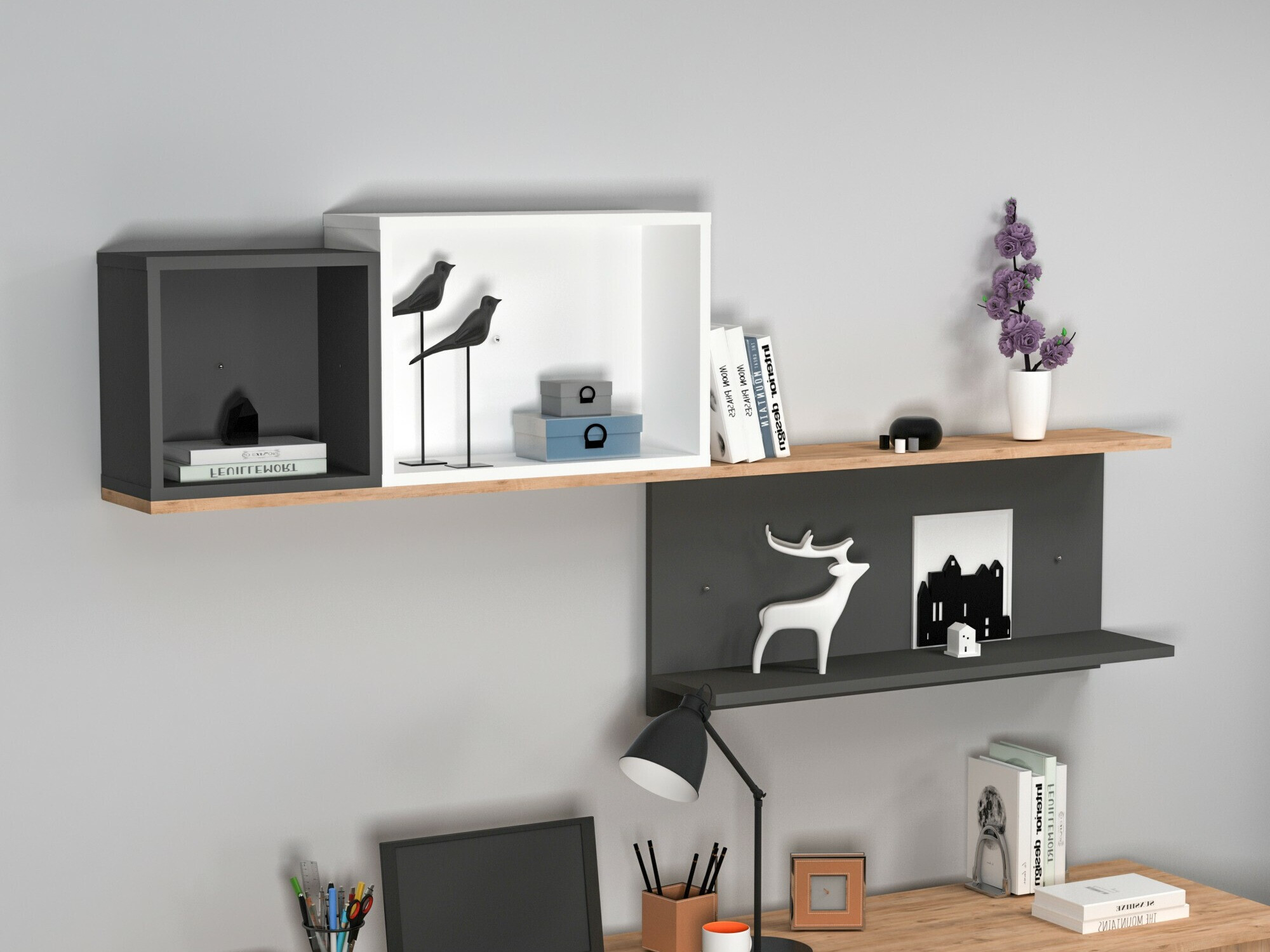 Стенна етажерка Kailua 2184 (Бял + Антрацит + Бор)
