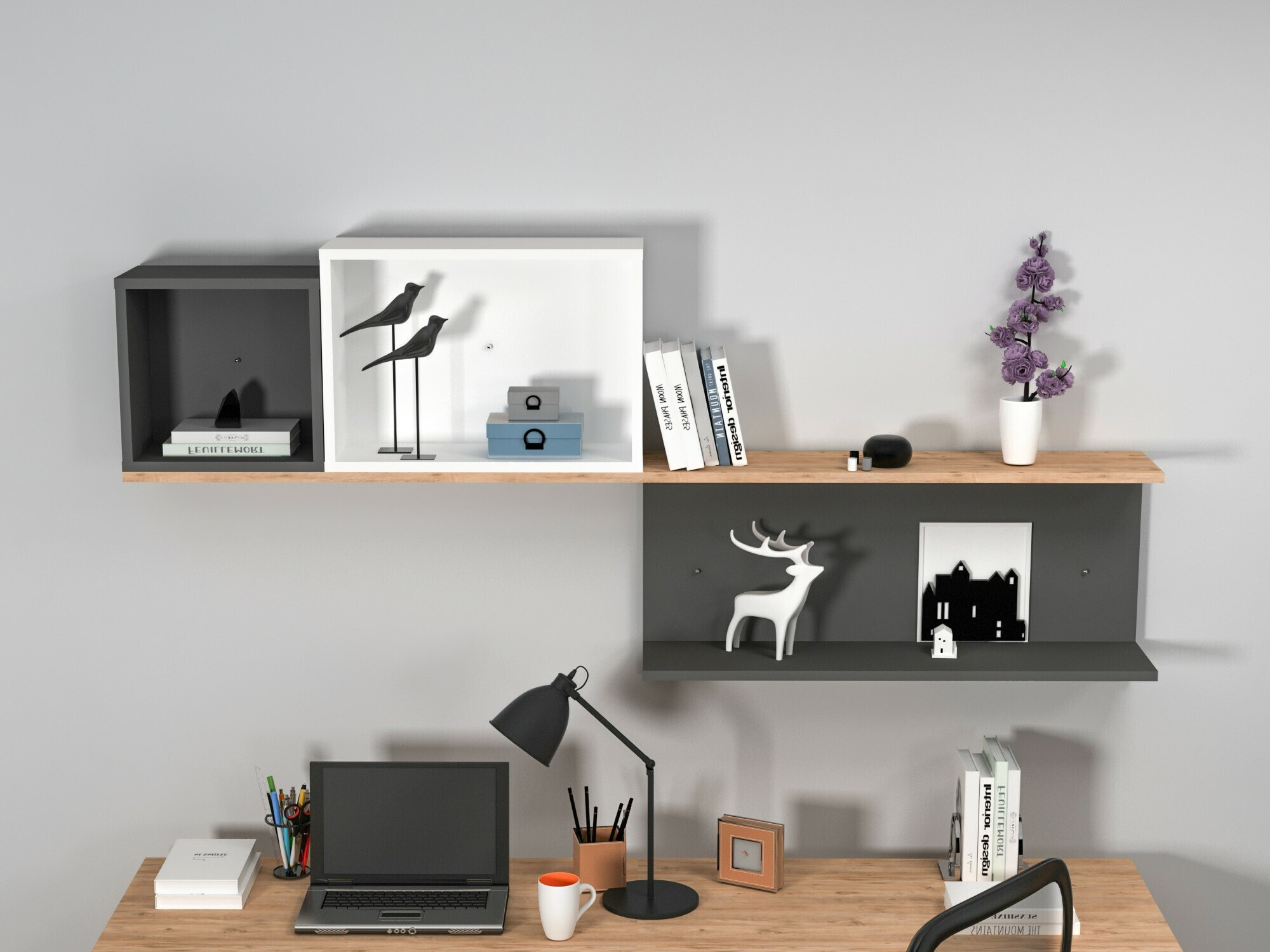 Стенна етажерка Kailua 2184 (Бял + Антрацит + Бор)