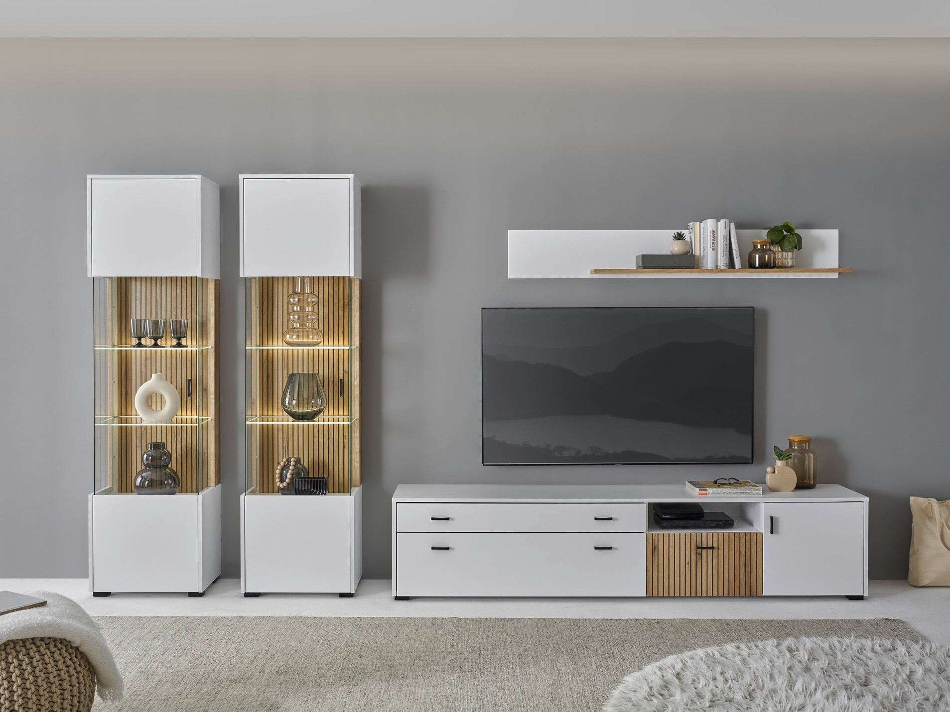 Комплект за хол Belmelu 117 (Бял + Дъб)