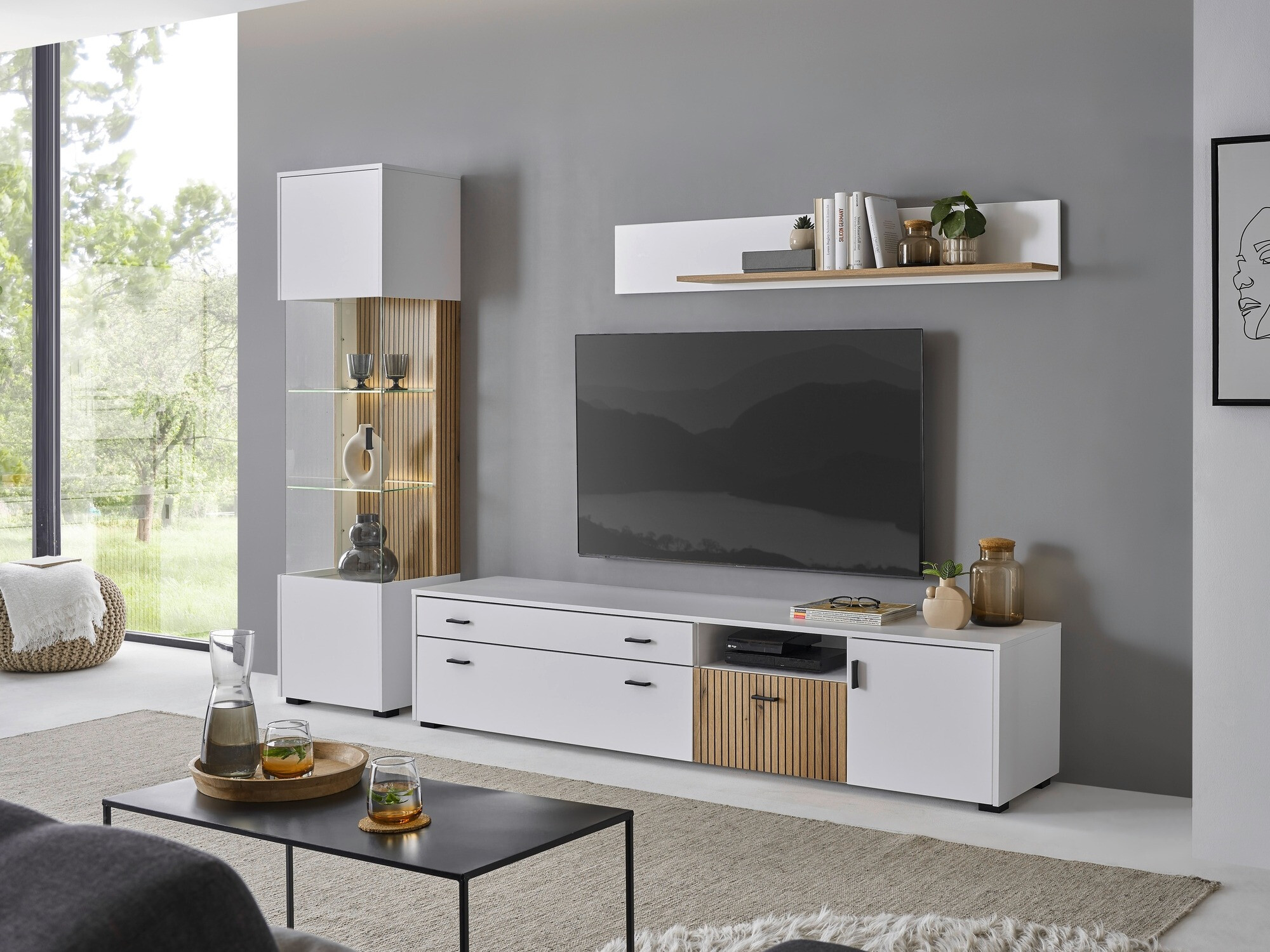 Комплект за хол Belmelu 121 (Бял + Дъб)