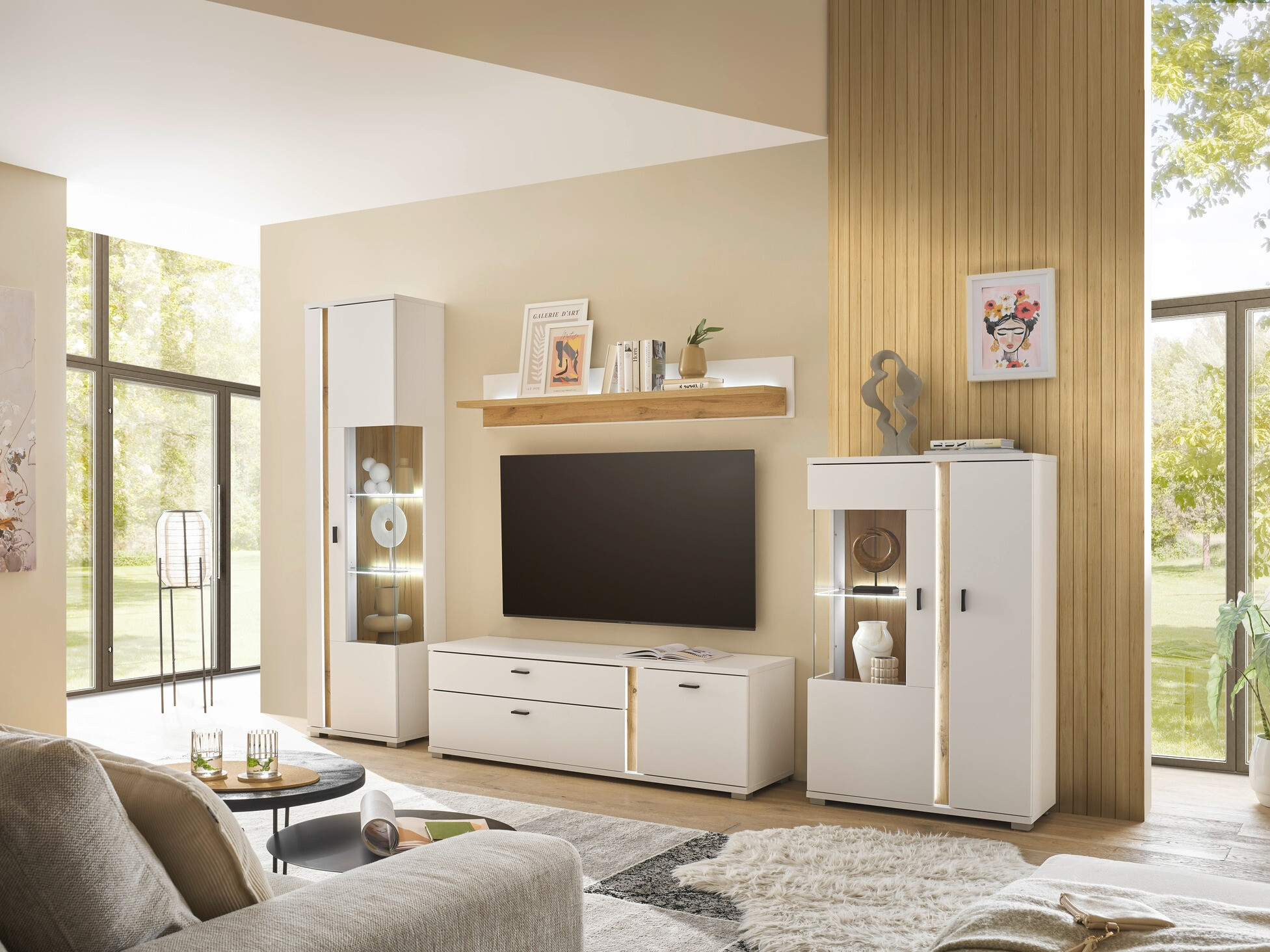 Комплект за хол Avimavi 115 (Бял + Дъб уотан)