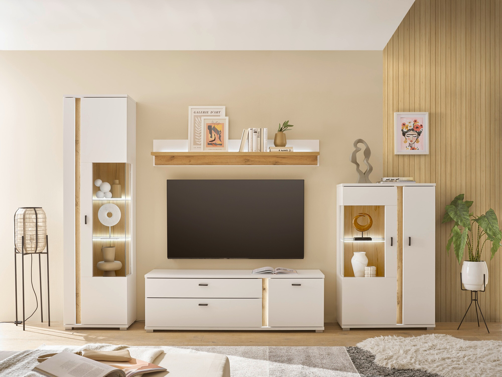 Комплект за хол Avimavi 115 (Бял + Дъб уотан)