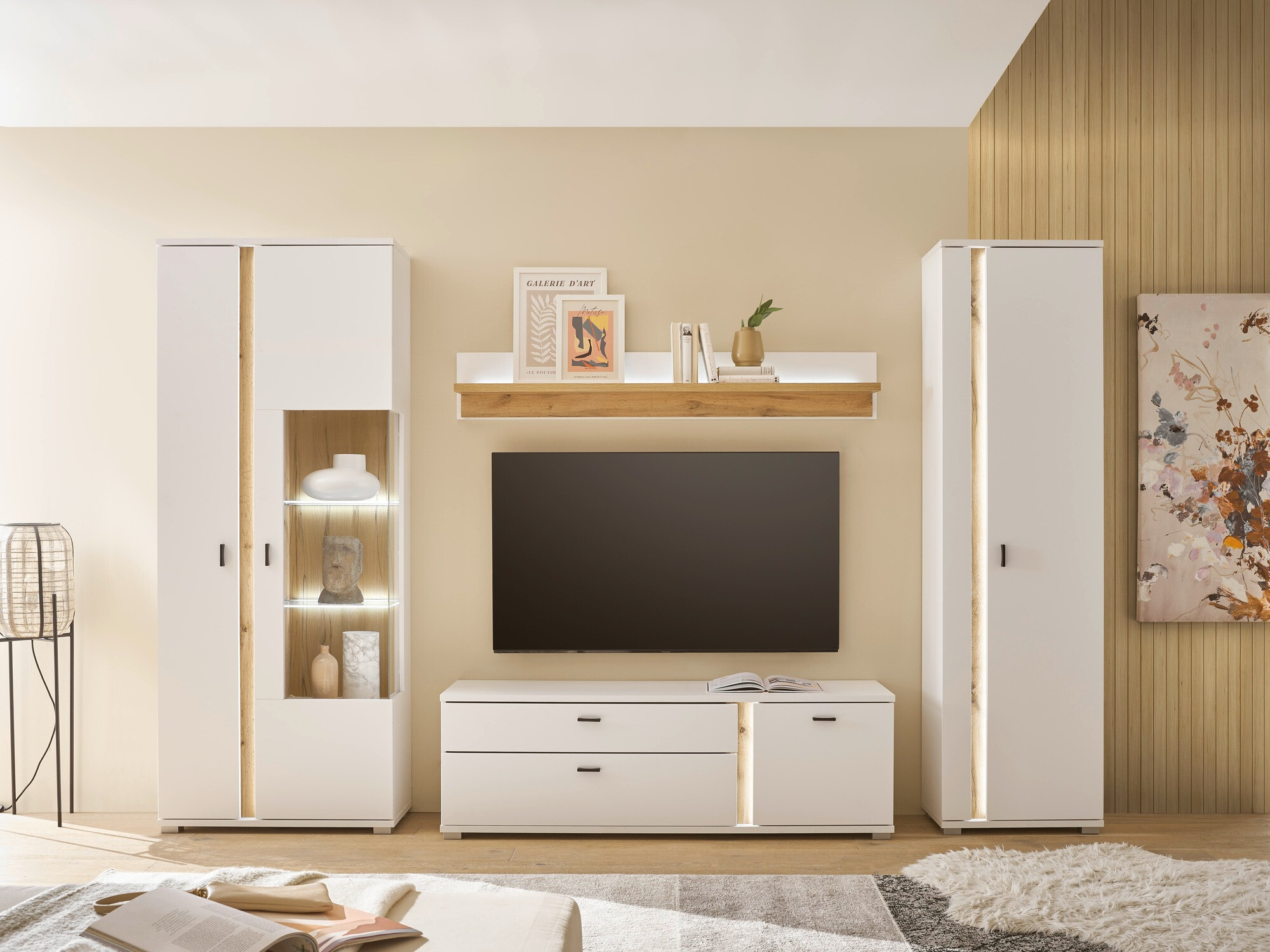 Стенна етажерка Avimavi 110 (Бял + Дъб уотан)