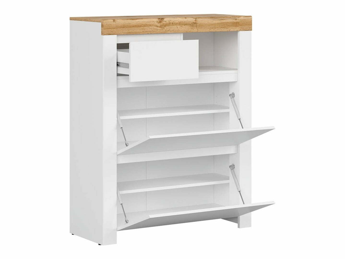 Шкаф за обувки Sonsoru 119 (Бял + Бял гланц + Дъб уотан)