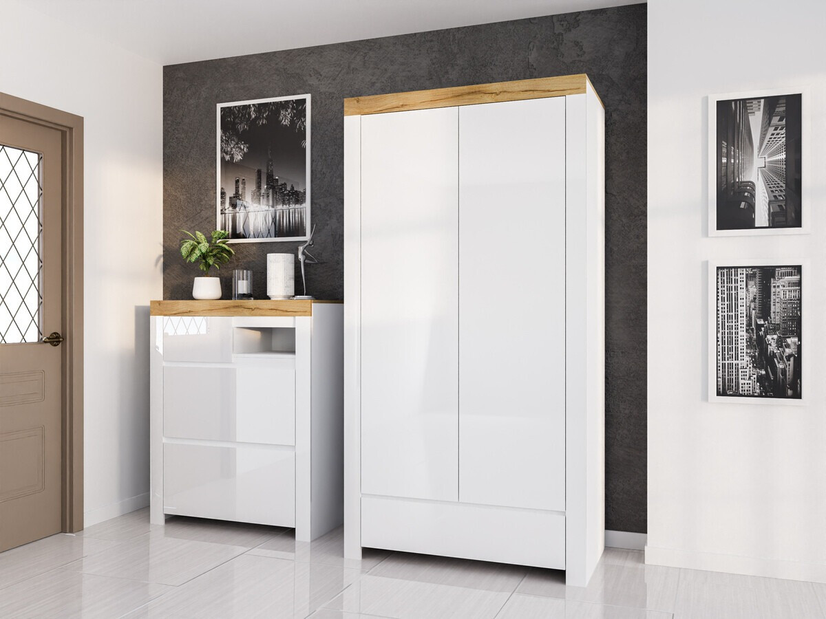 Шкаф за обувки Sonsoru 119 (Бял + Бял гланц + Дъб уотан)