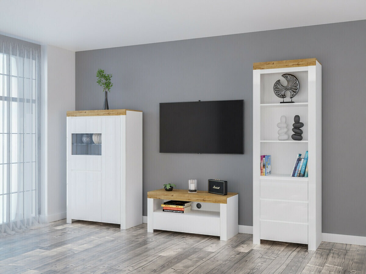 Етажерка Sonsoru 105 (Бял + Бял гланц + Дъб уотан)