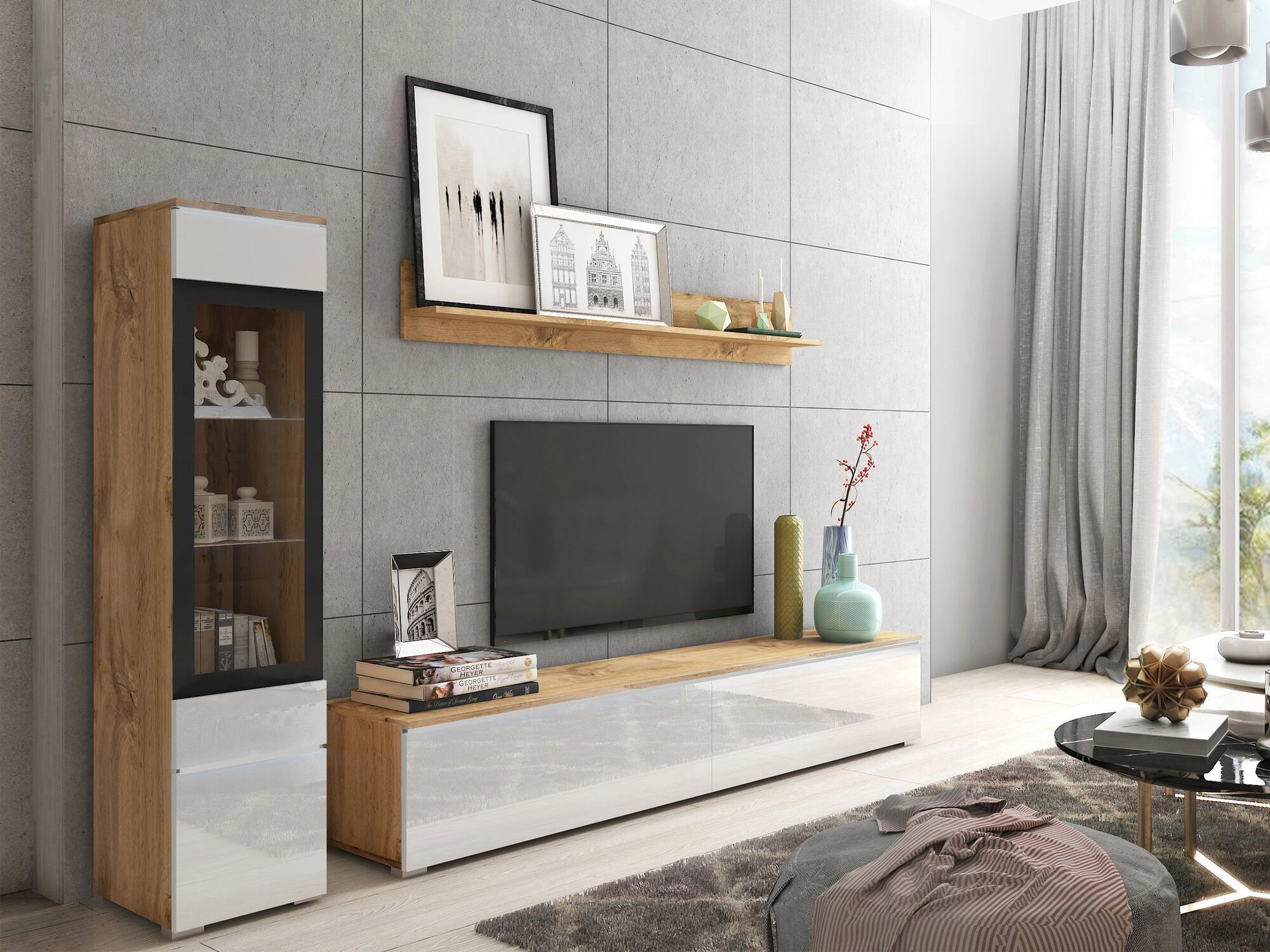 Комплект за хол Sarasota 125 (Дъб уотан + Бял гланц)