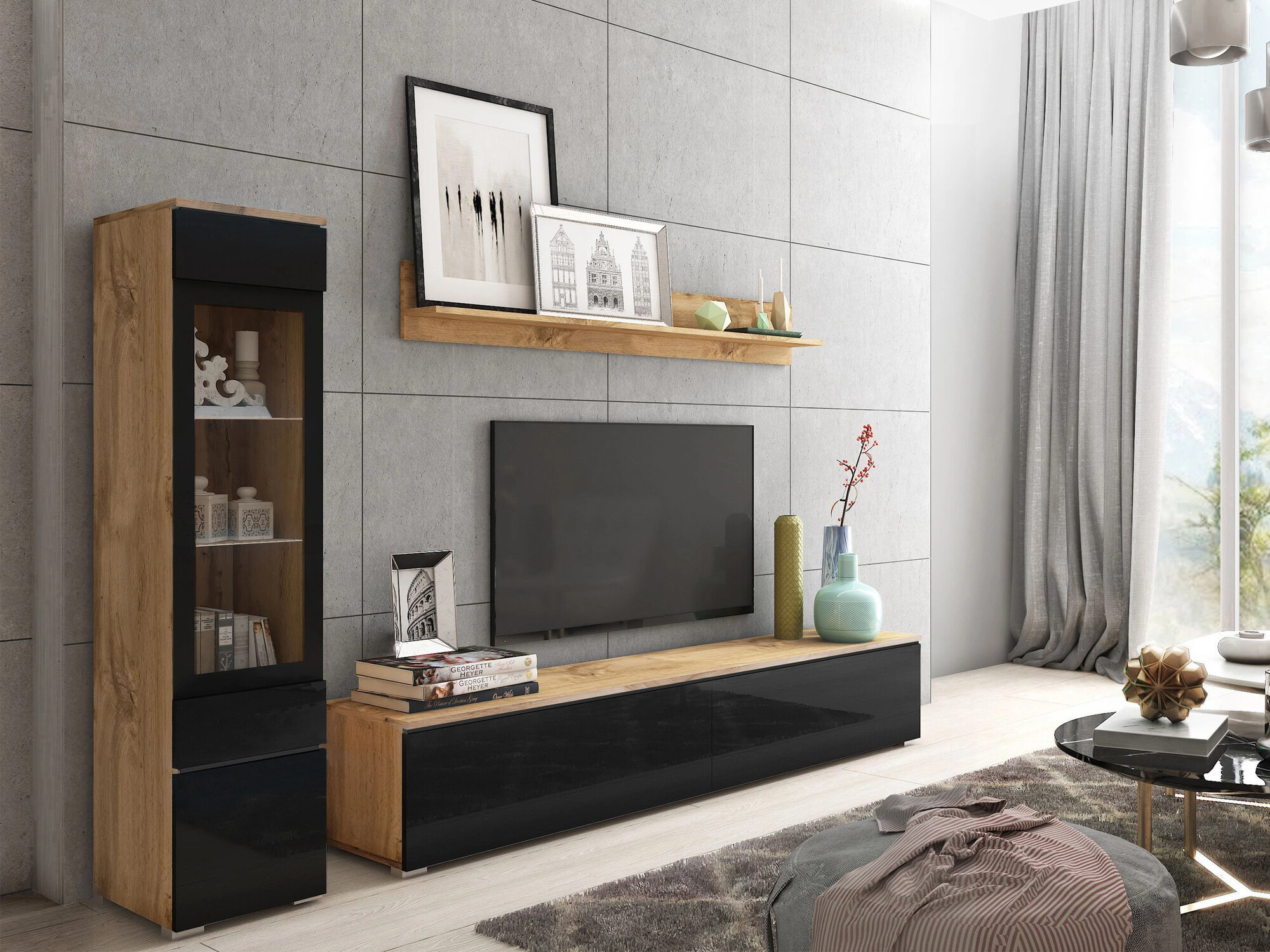 Комплект за хол Sarasota 125 (Дъб уотан + Черен гланц)