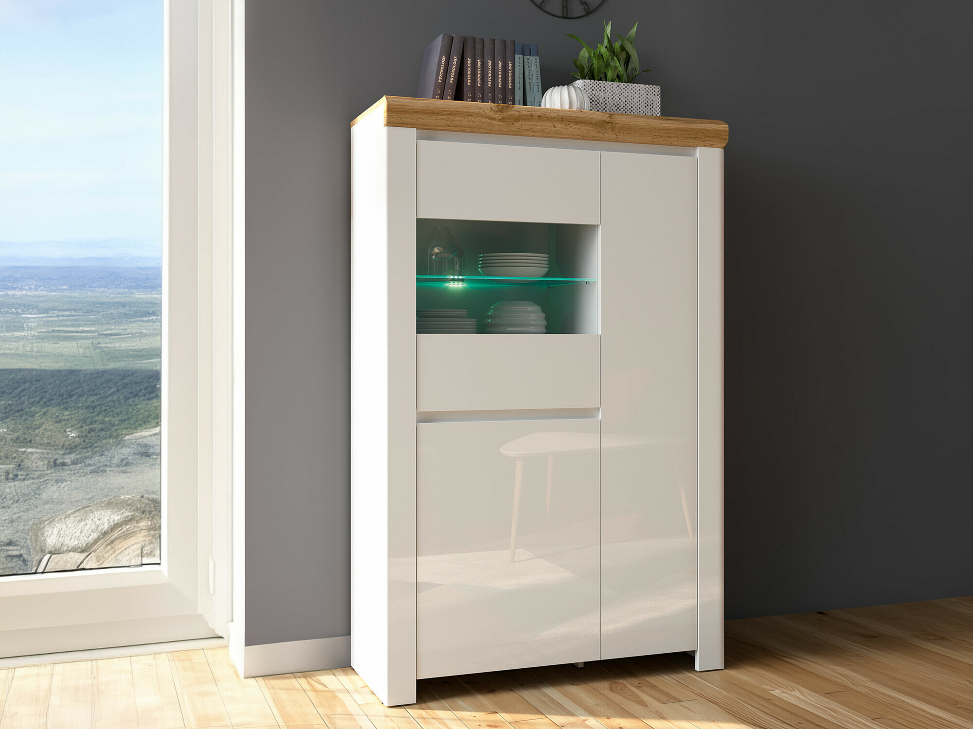 Етажерка Sonsoru 105 (Бял + Бял гланц + Дъб уотан)