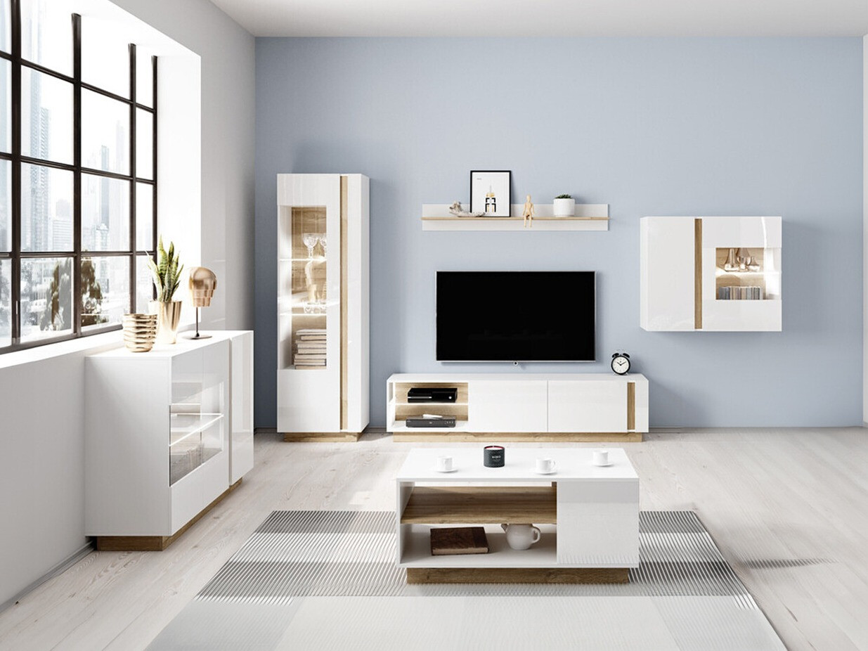 Комплект за хол Novbela 114 (Бял + Бял гланц + Grandson дъб)