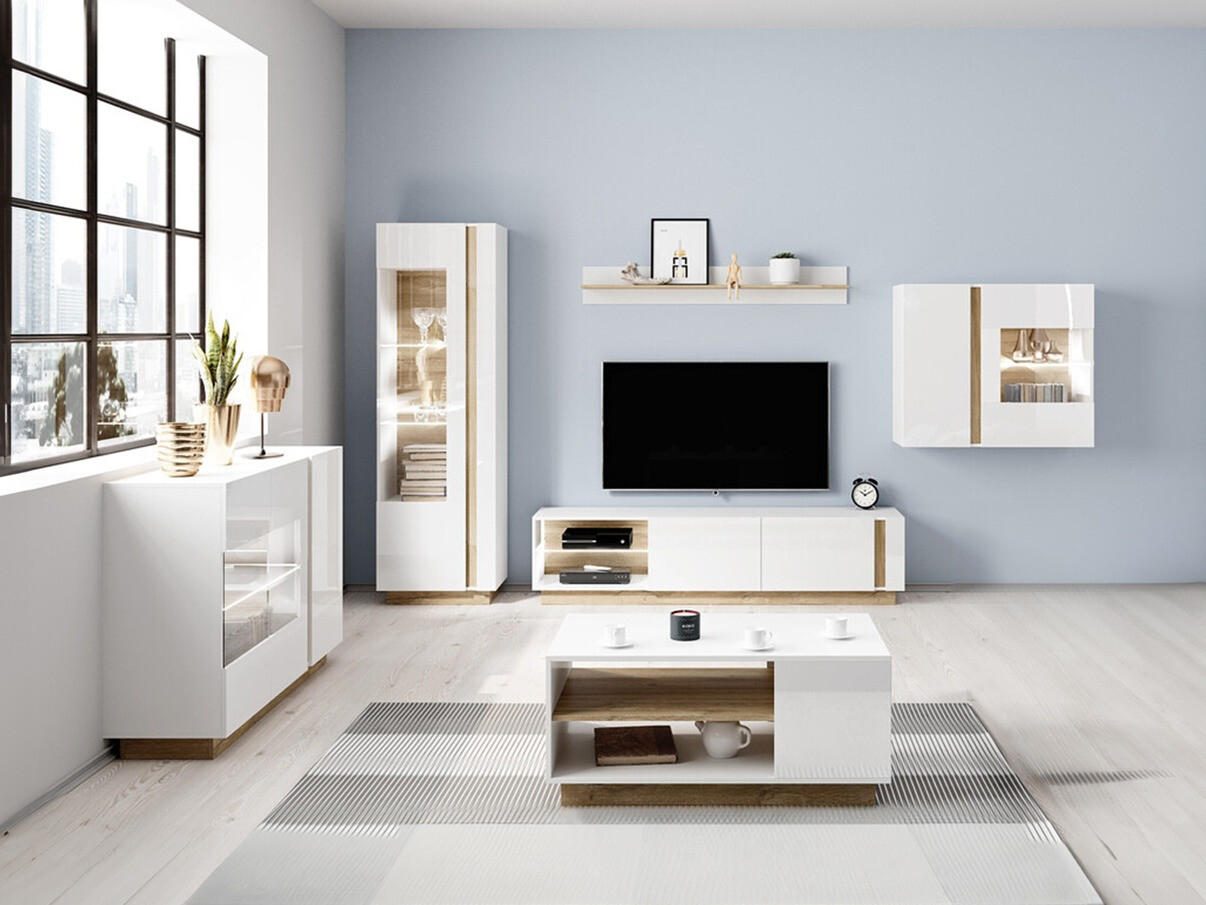 Комплект за хол Novbela 114 (Бял + Бял гланц + Grandson дъб)