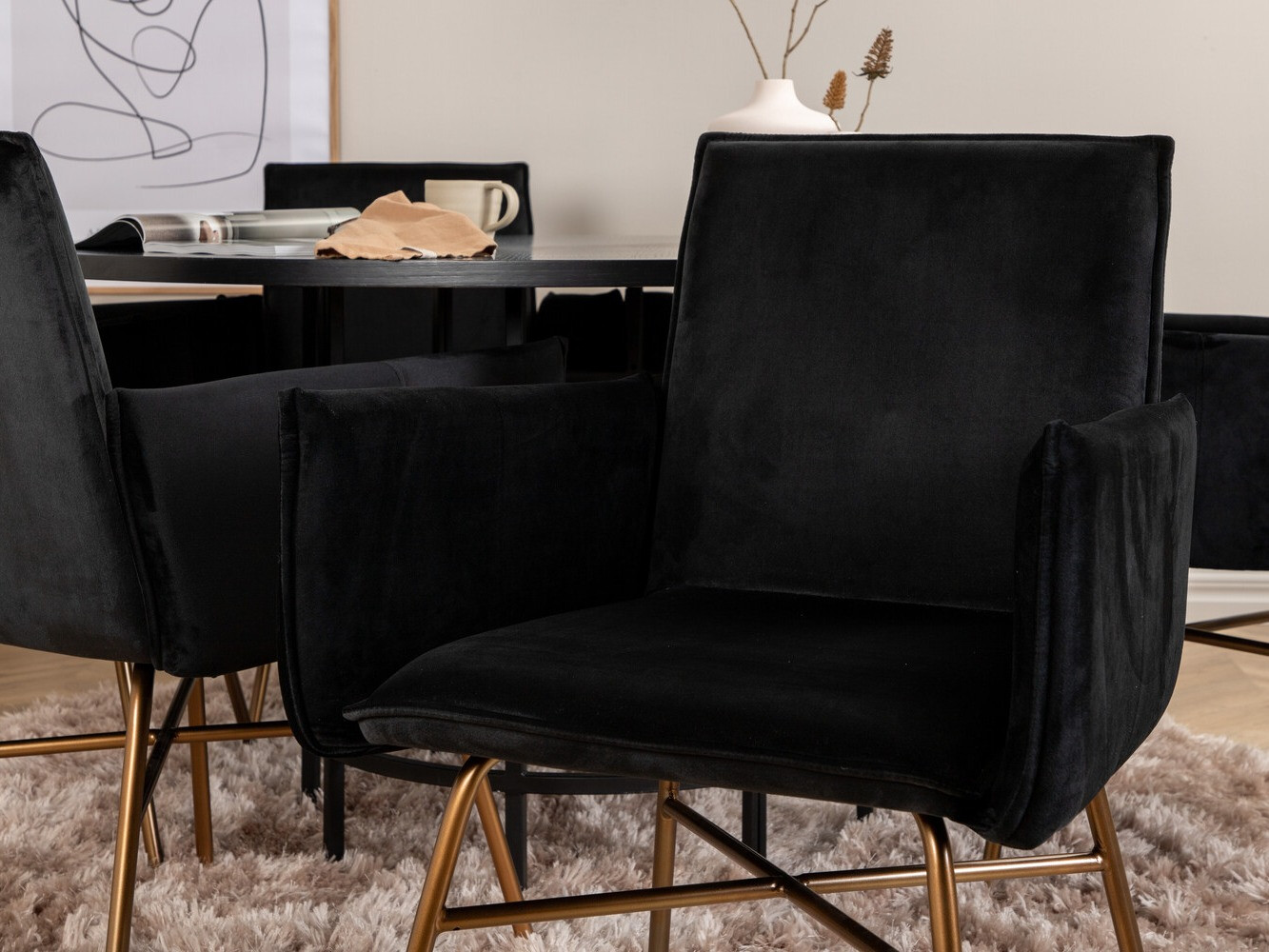 Маса и столове за трапезария Dallas 2391 (Черен + Месинг)