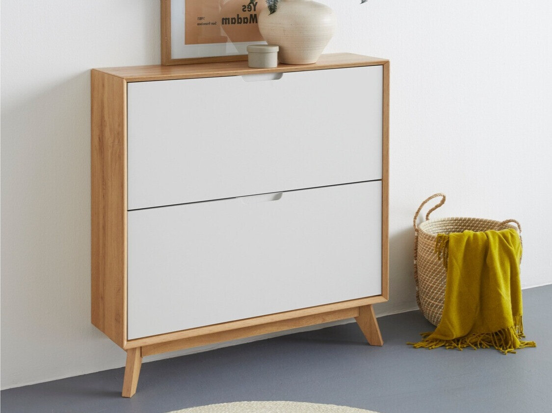 Шкаф за обувки Dorvou 106 (Бял + Дъб)