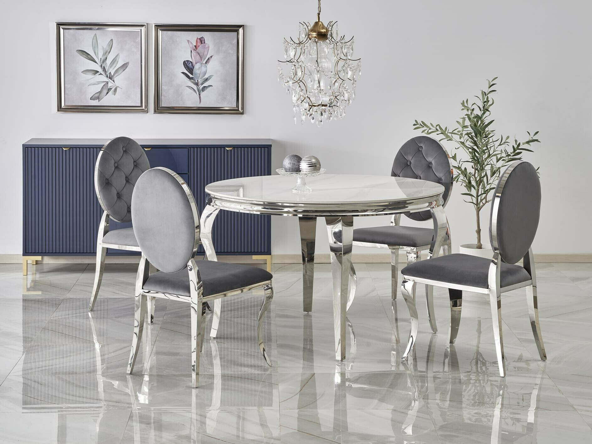 Маса и столове за трапезария Houston 1828 (Бял мрамор + Сив)