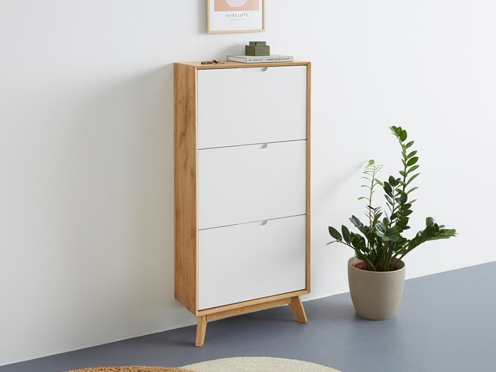 Шкаф за обувки Dorvou 104 (Бял + Дъб)