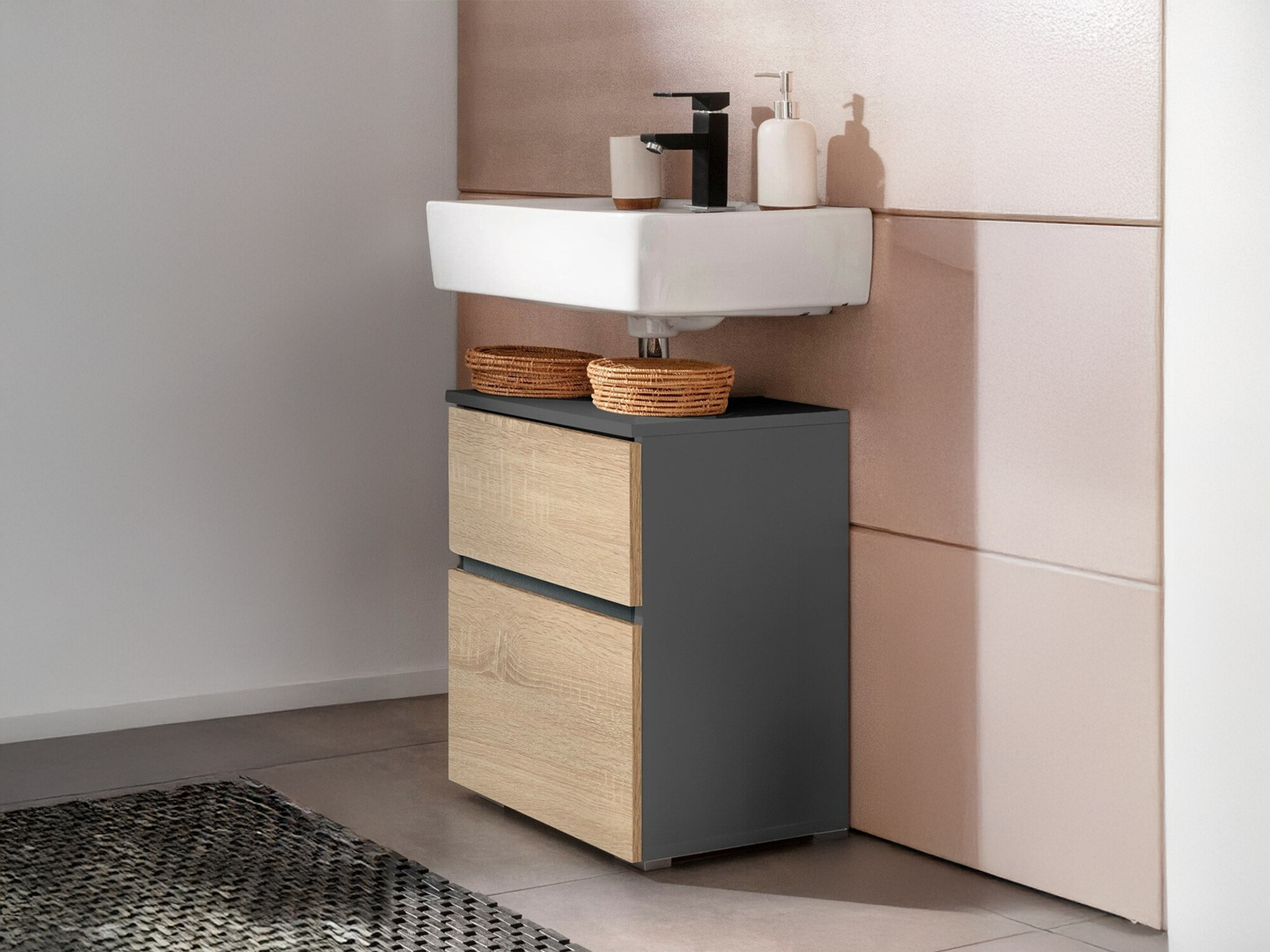 Стоящ шкаф за баня за мивка Soncamu 103 (Антрацит + Дъб)