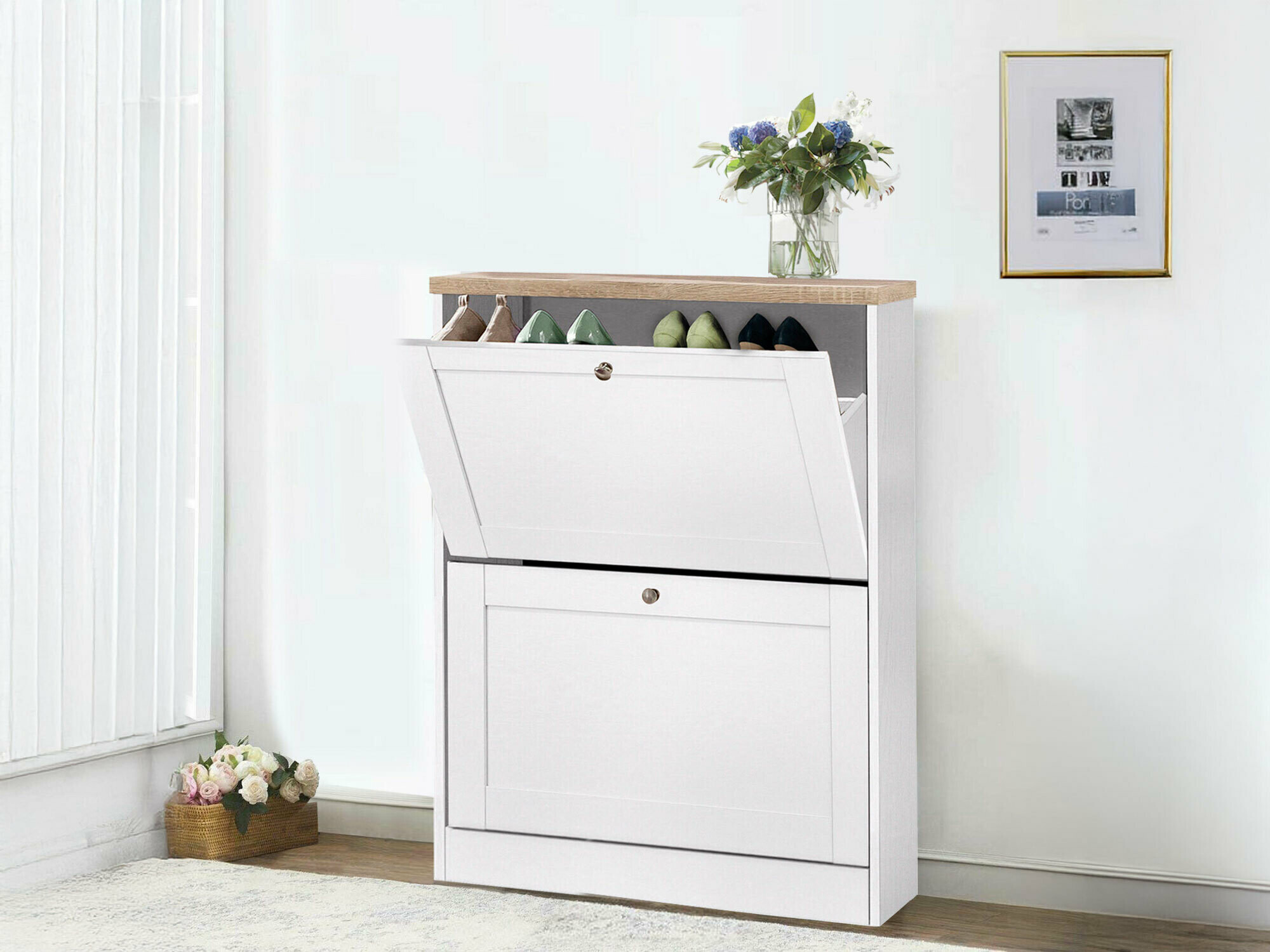 Шкаф за обувки Cirtene 100 (Бял + Дъб)