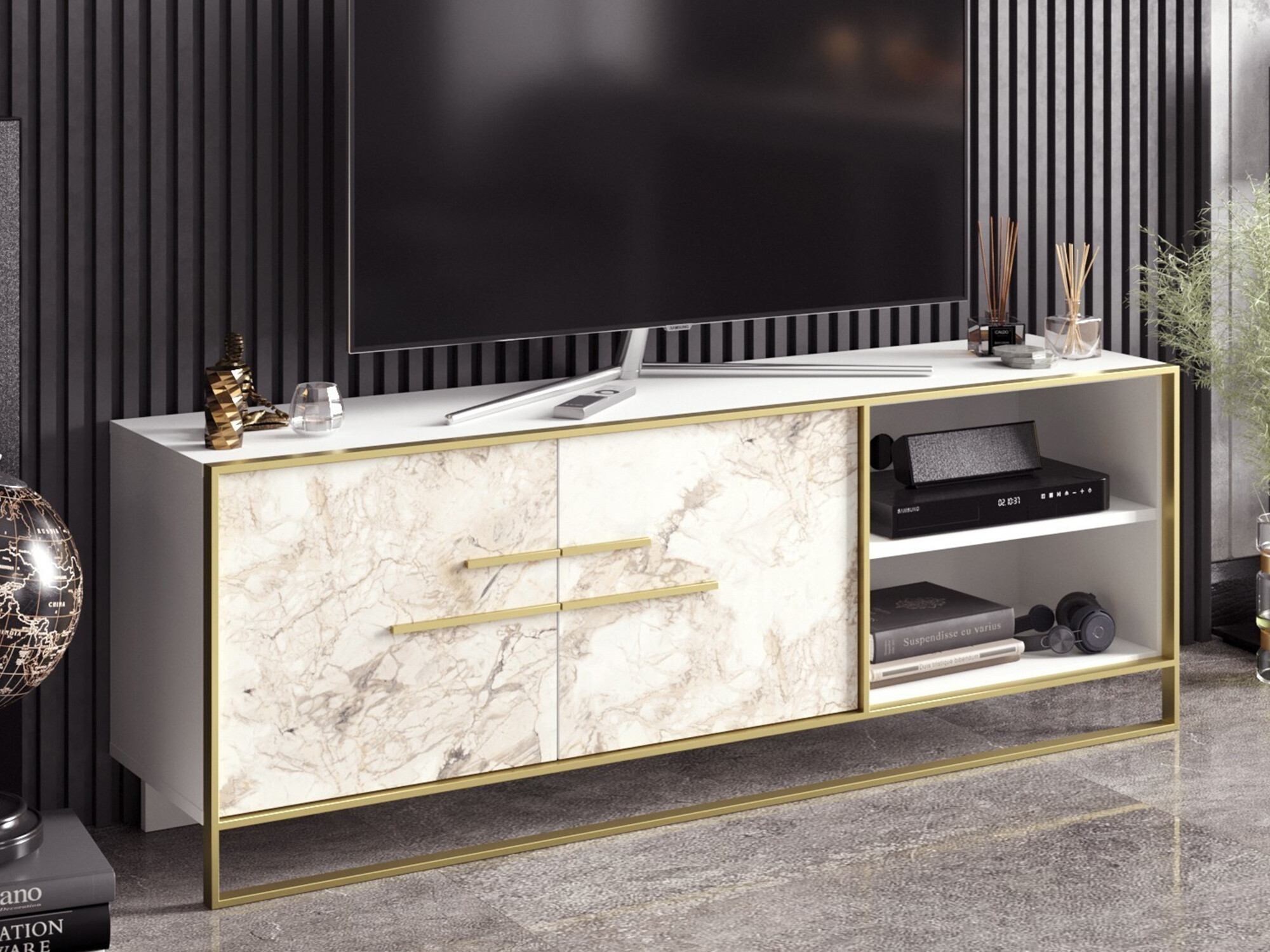ТВ шкаф Kailua 1169 (Златно + Бял мрамор)