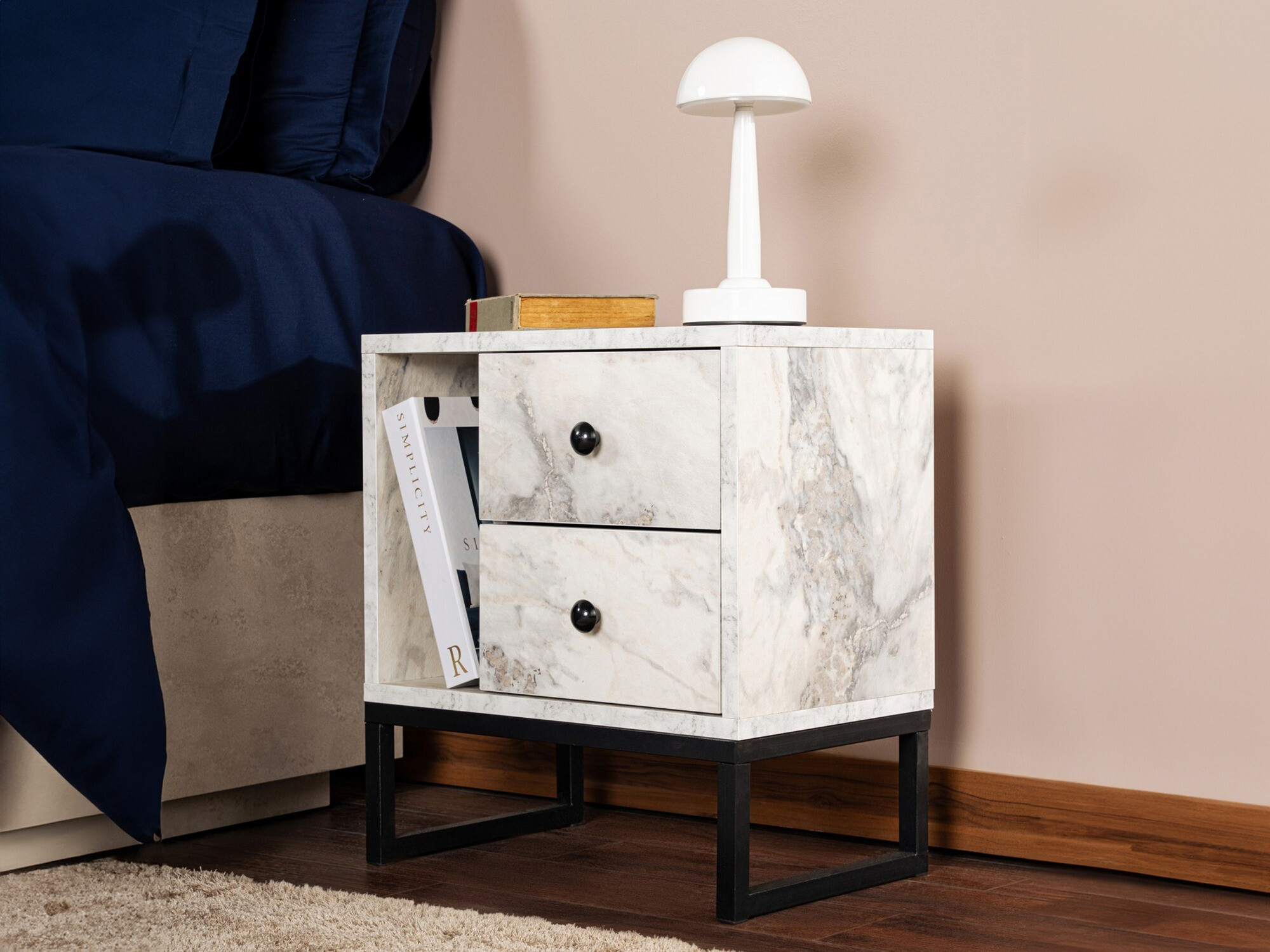 Нощно шкафче Novato 109 (Бял мрамор + Черен)