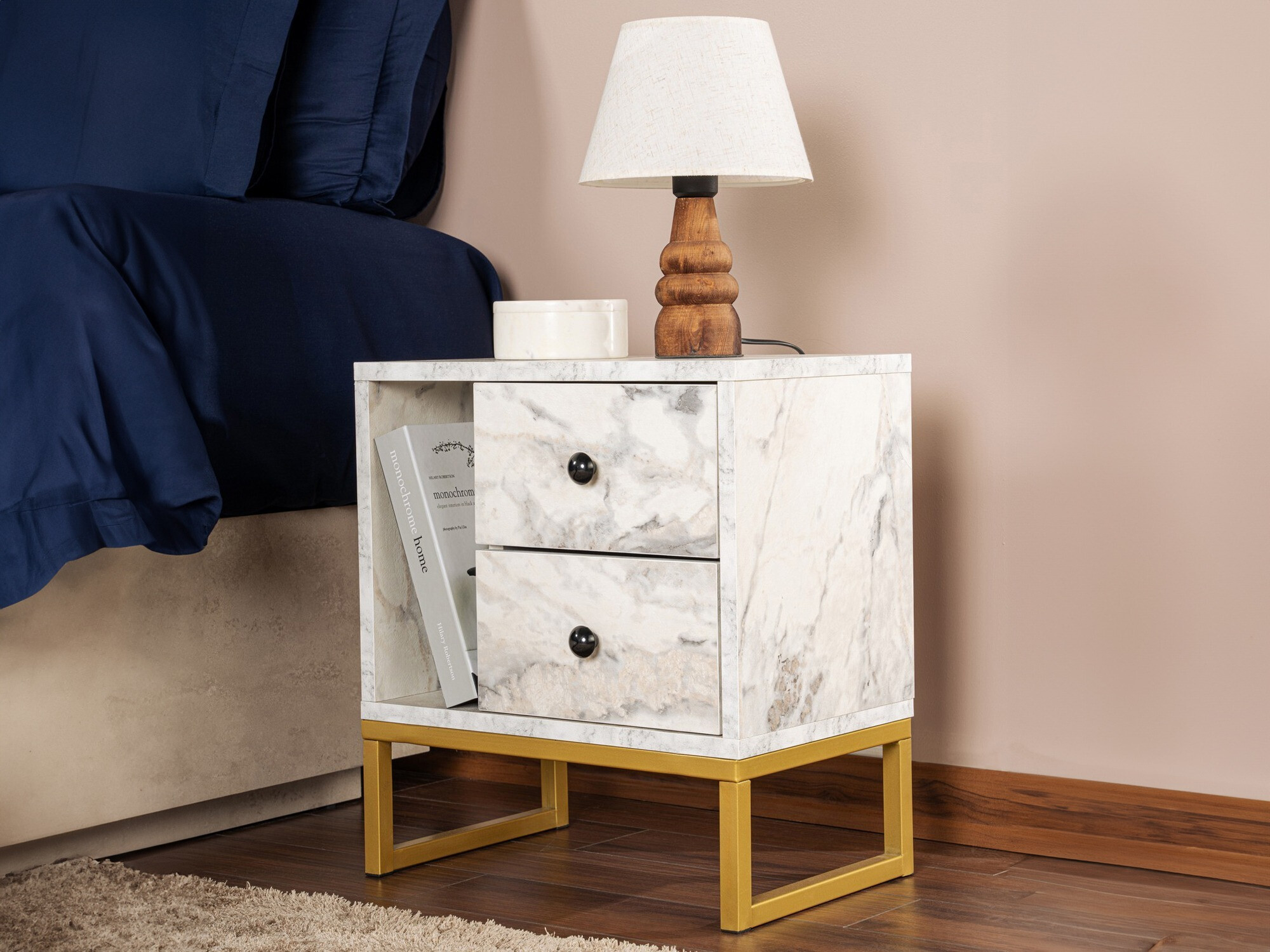 Нощно шкафче Novato 109 (Бял мрамор + Златно)