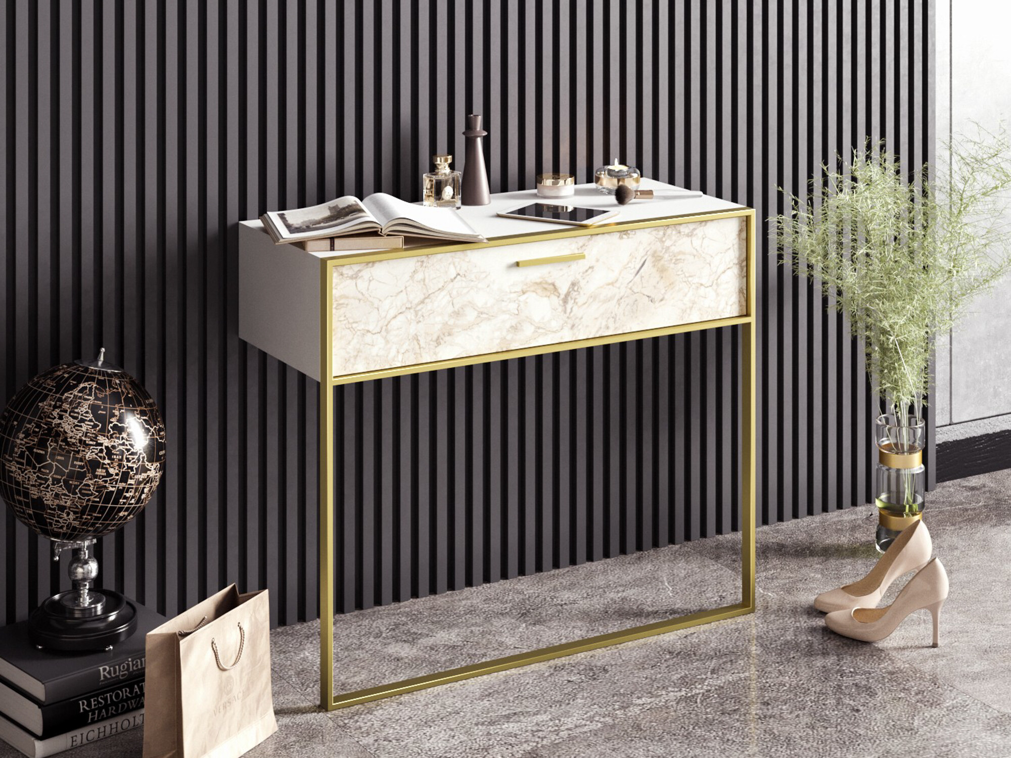 Конзолна маса Kailua 907 (Бял + Бял мрамор)