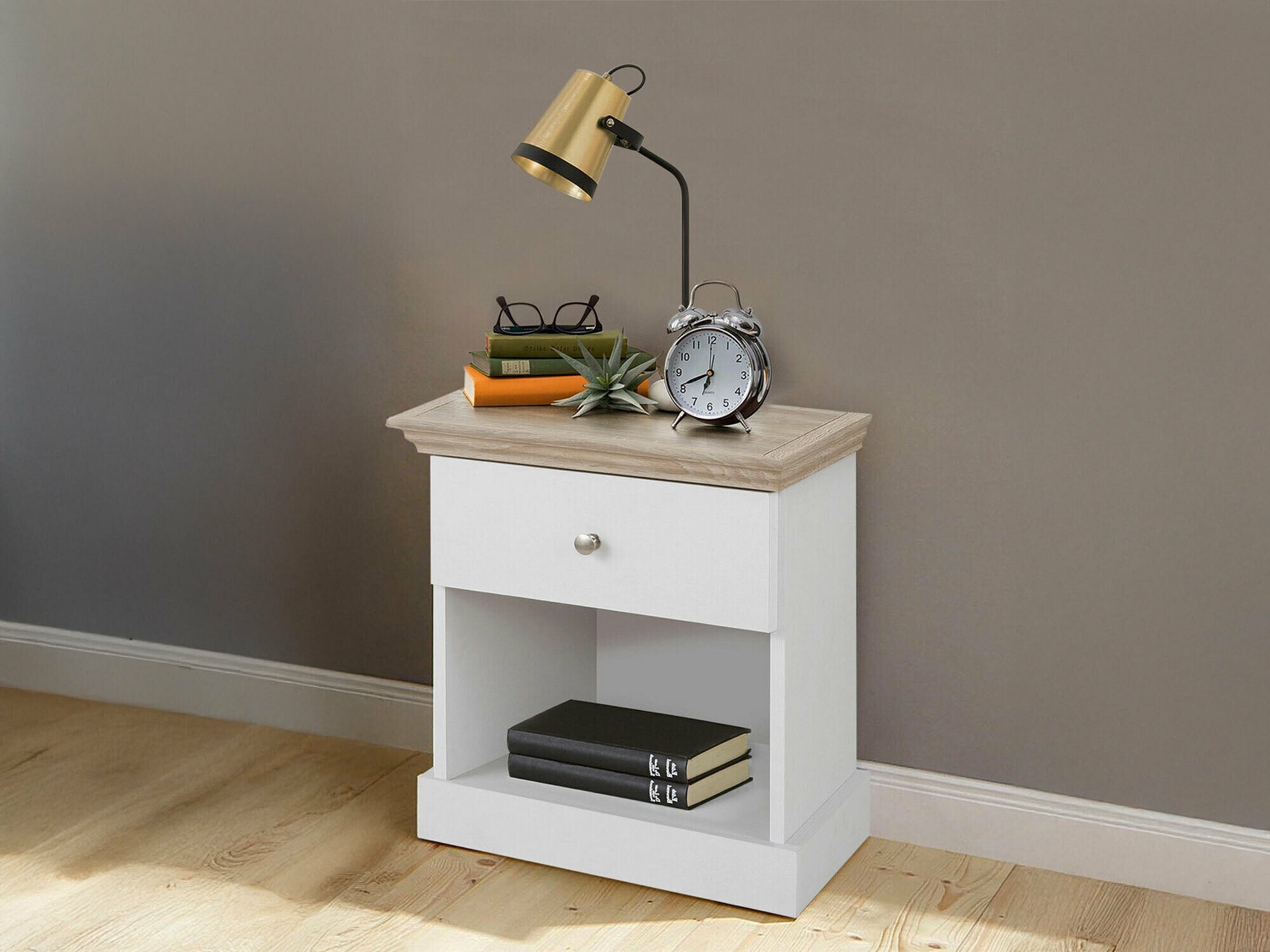 Нощно шкафче Lirveri 111 (Бял + Светъл дъб)