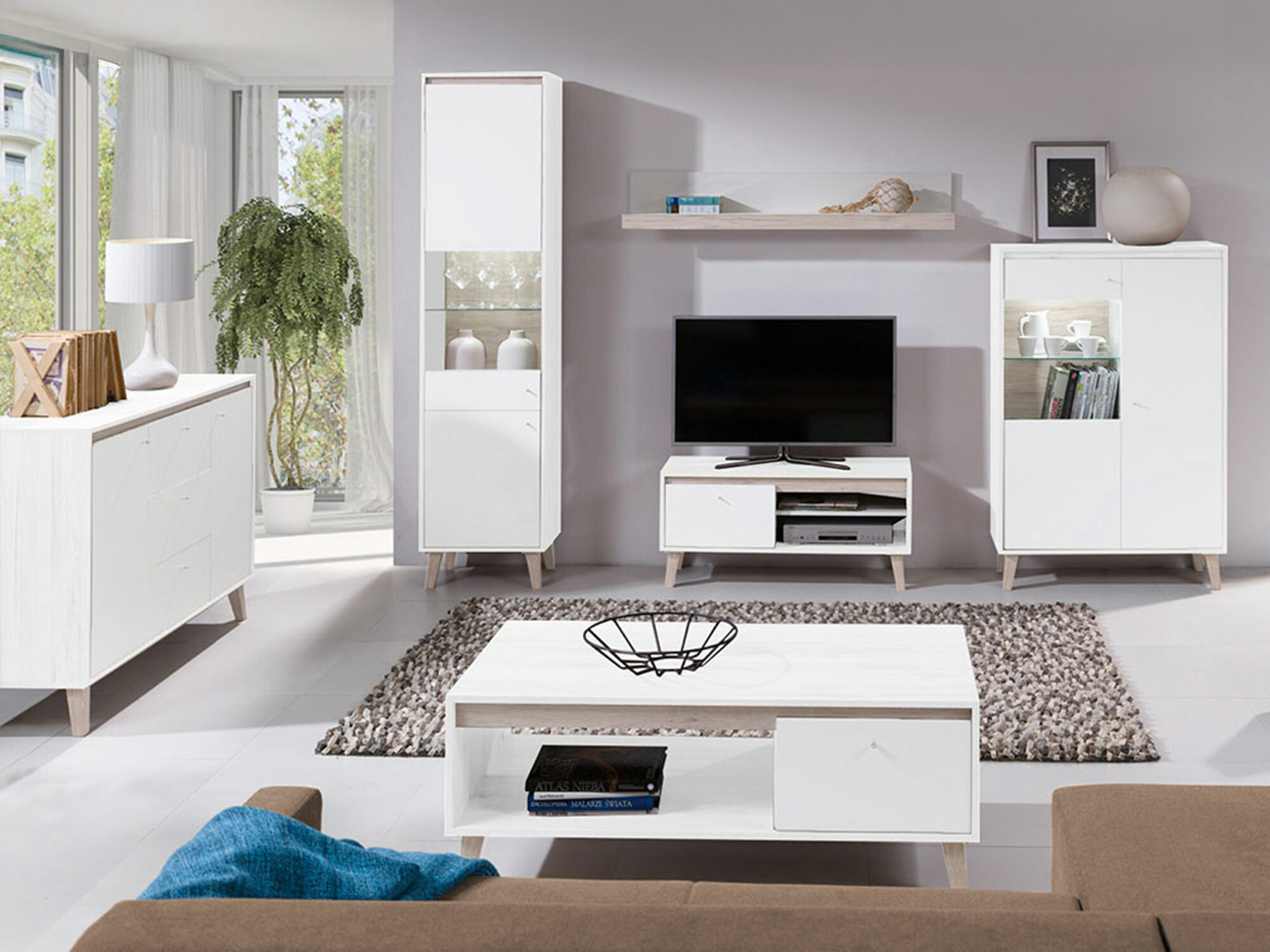 Комплект за хол Delbene 117 (Светъл San Remo дъб + Матов бял)