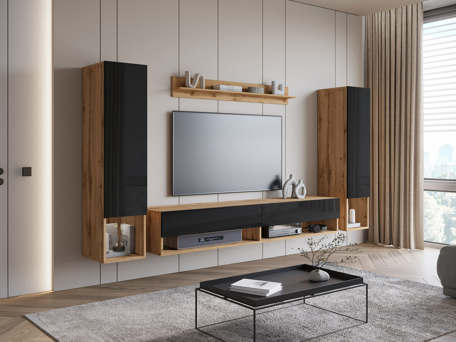 Комплект за хол Sarasota 176 (Дъб уотан + Черен гланц)