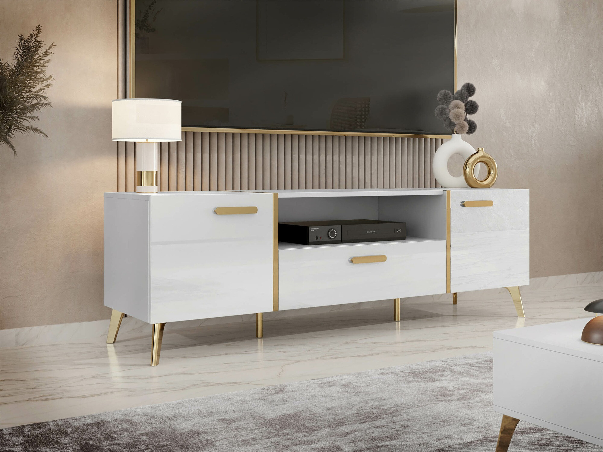 ТВ шкаф Comfivo Teslomo 113 (Бял + Бял гланц)