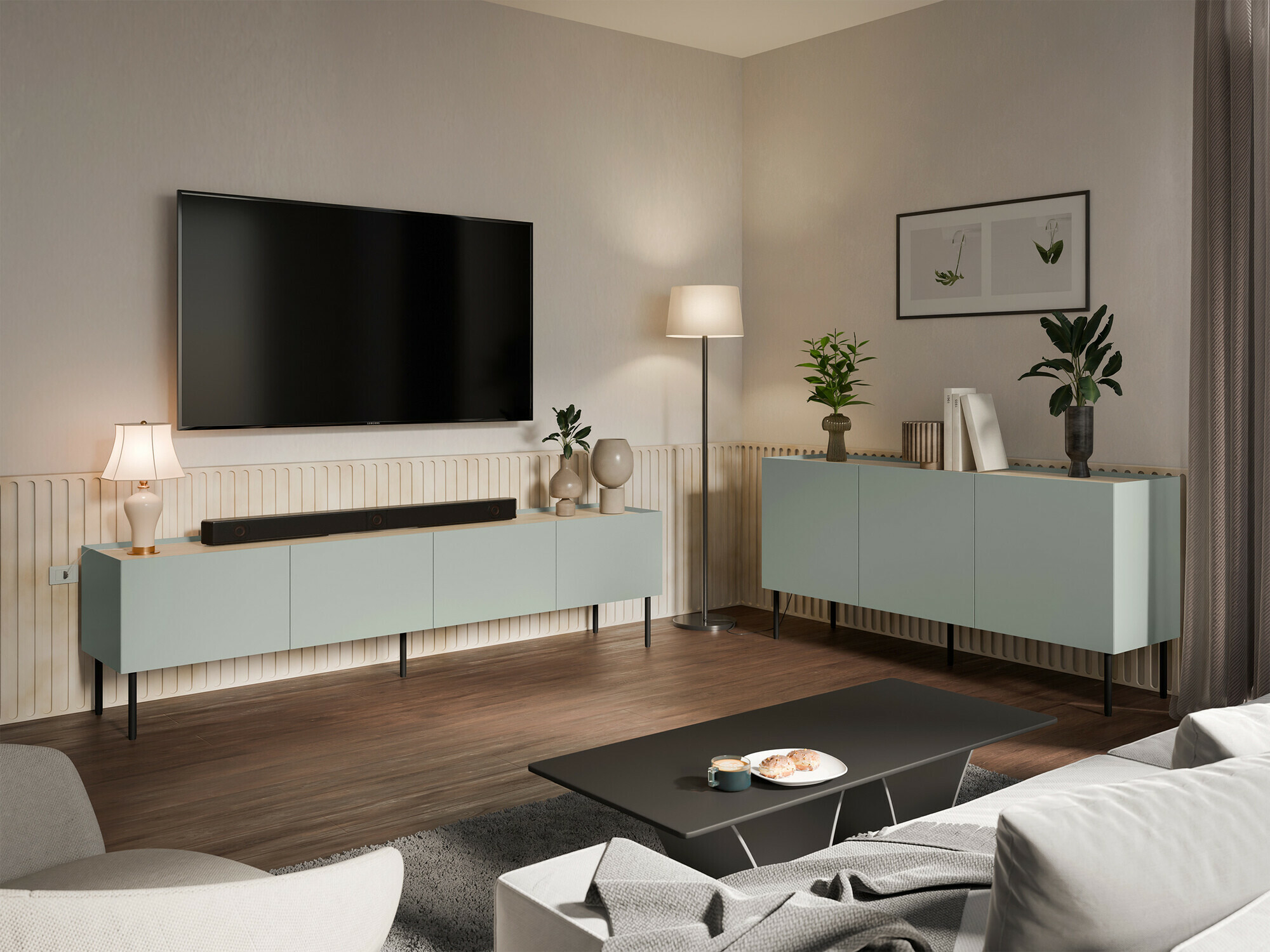 Комплект за хол Melbela 109 (Светло маслиново дърво + Дъб)