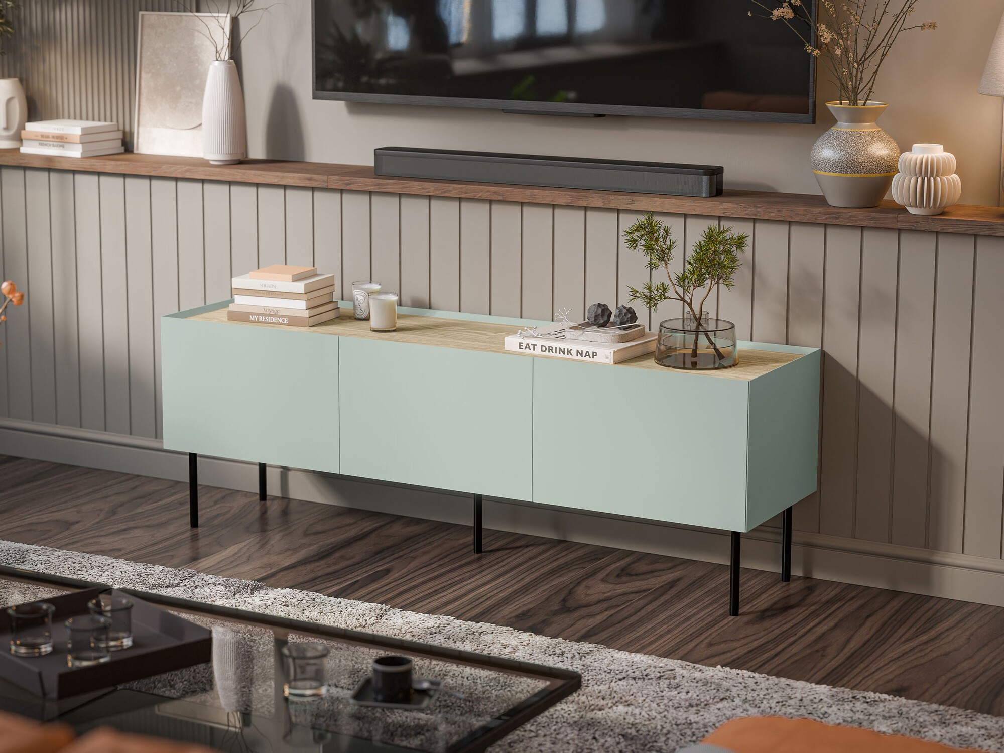 ТВ шкаф Melbela 106 (Светло маслиново дърво + Дъб)