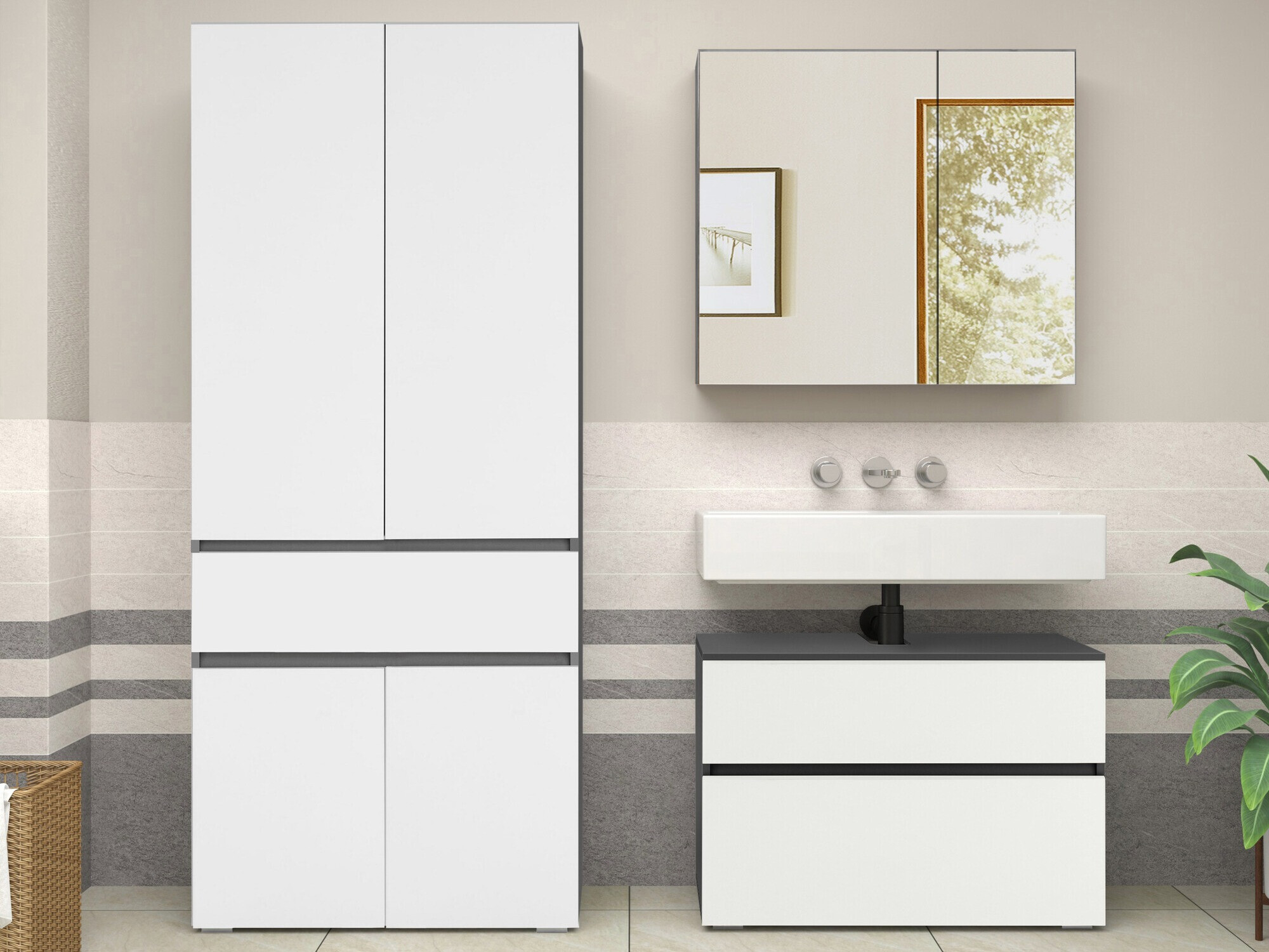 Стоящ шкаф за баня Soncamu 113 (Бял + Антрацит)