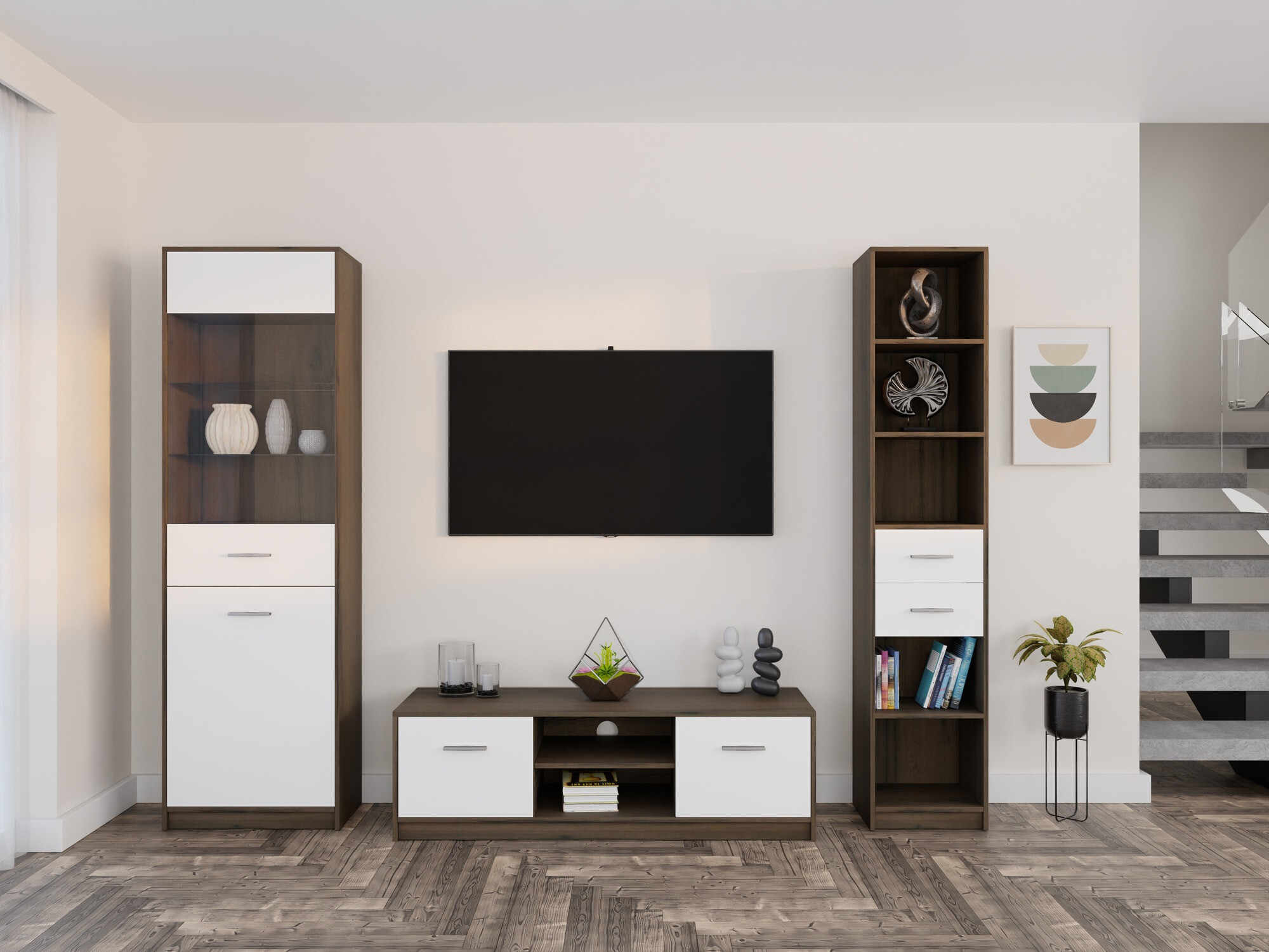 Комплект за хол Novsore 163 (Тъмен дъб + Бял)