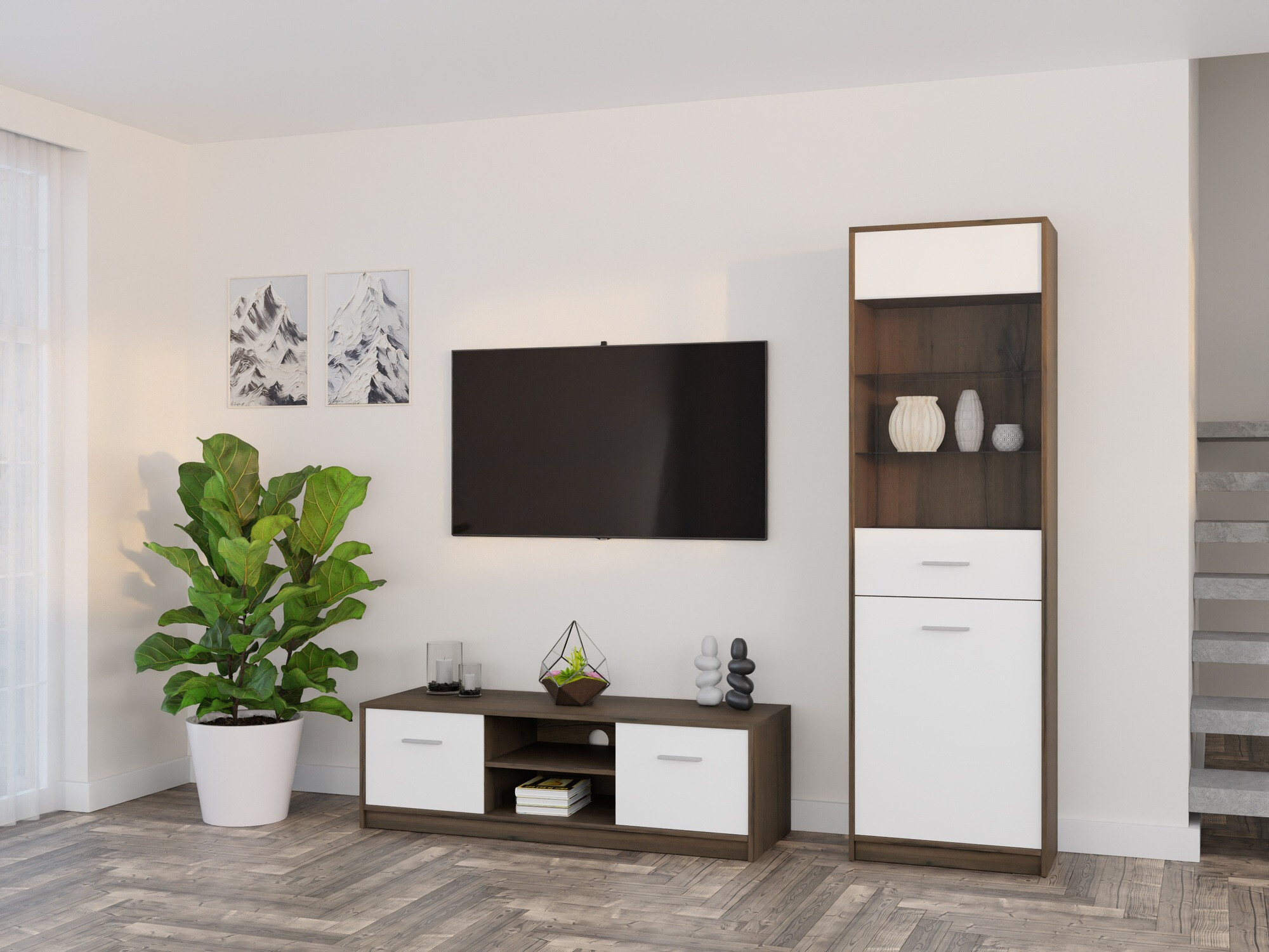 Комплект за хол Novsore 161 (Тъмен дъб + Бял)