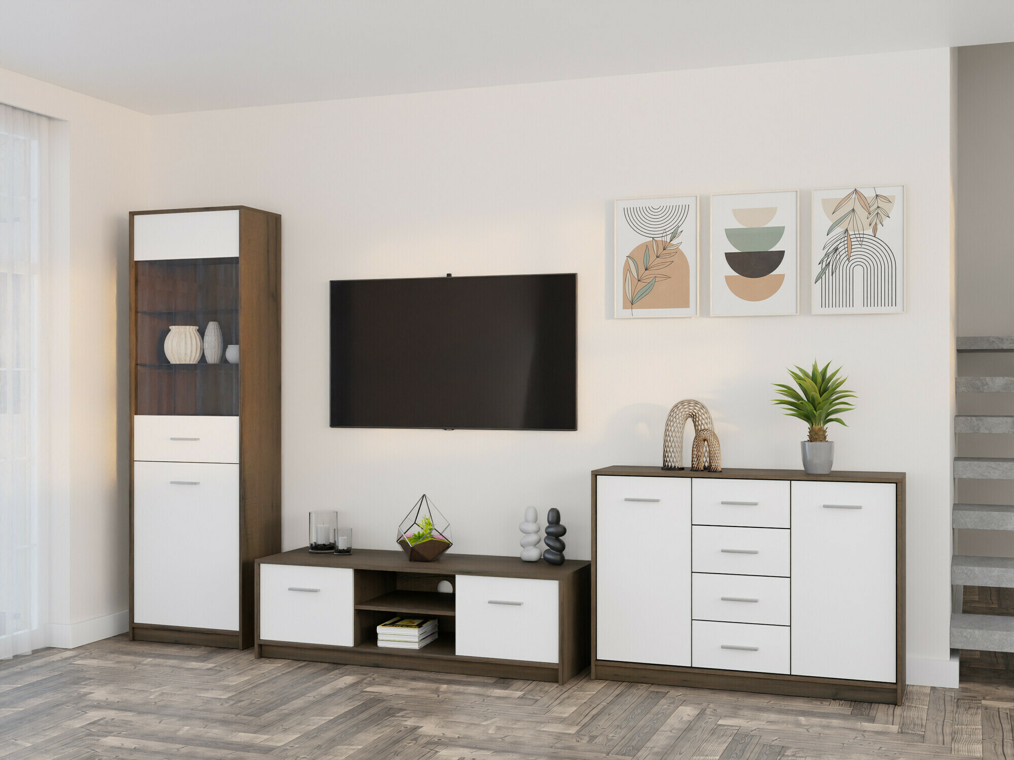 Комплект за хол Novsore 162 (Тъмен дъб + Бял)