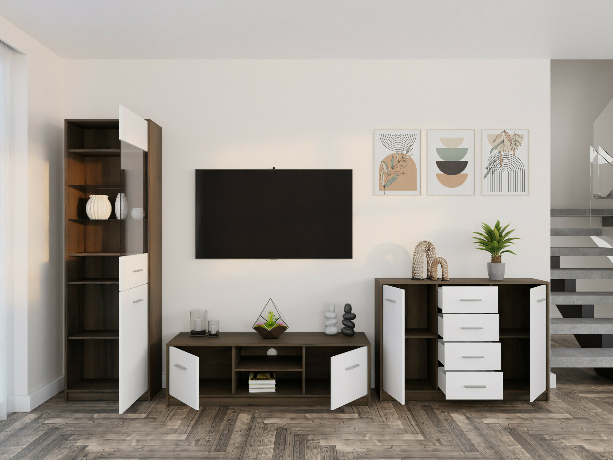 Комплект за хол Novsore 162 (Тъмен дъб + Бял)