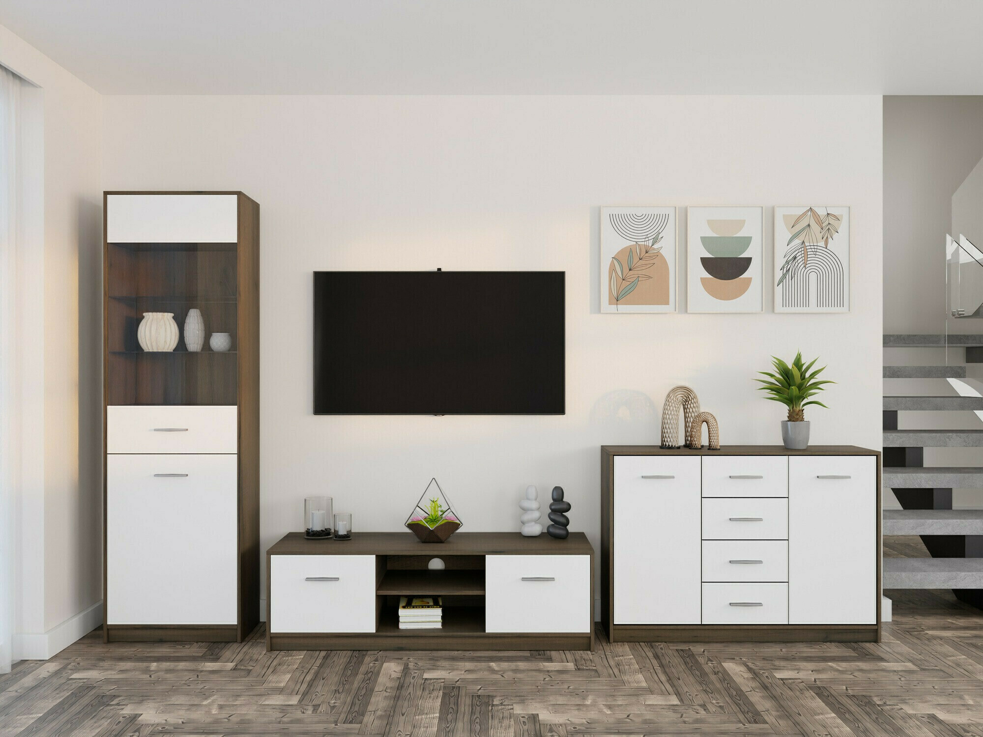 Комплект за хол Novsore 162 (Тъмен дъб + Бял)