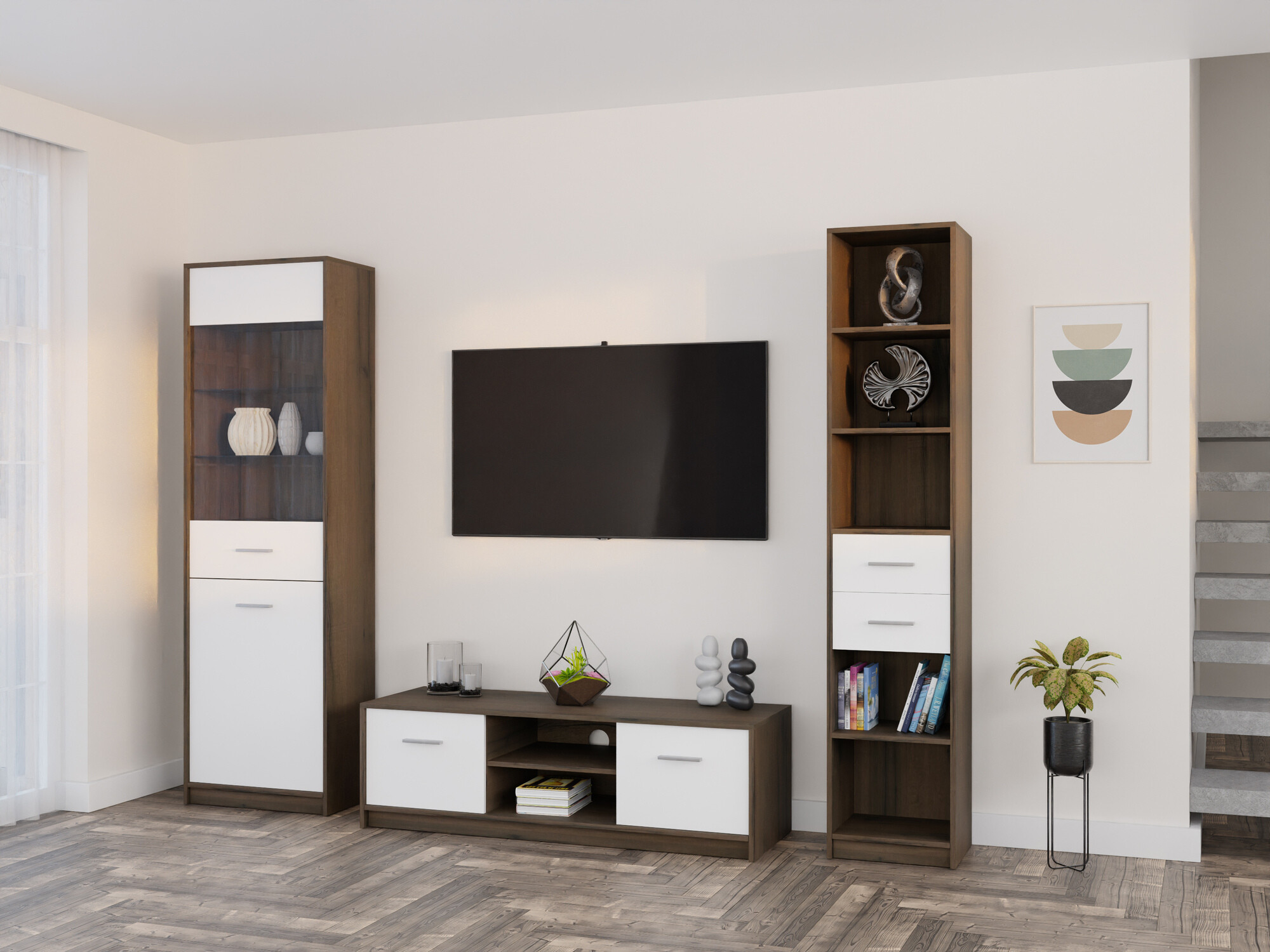 Комплект за хол Novsore 163 (Тъмен дъб + Бял)