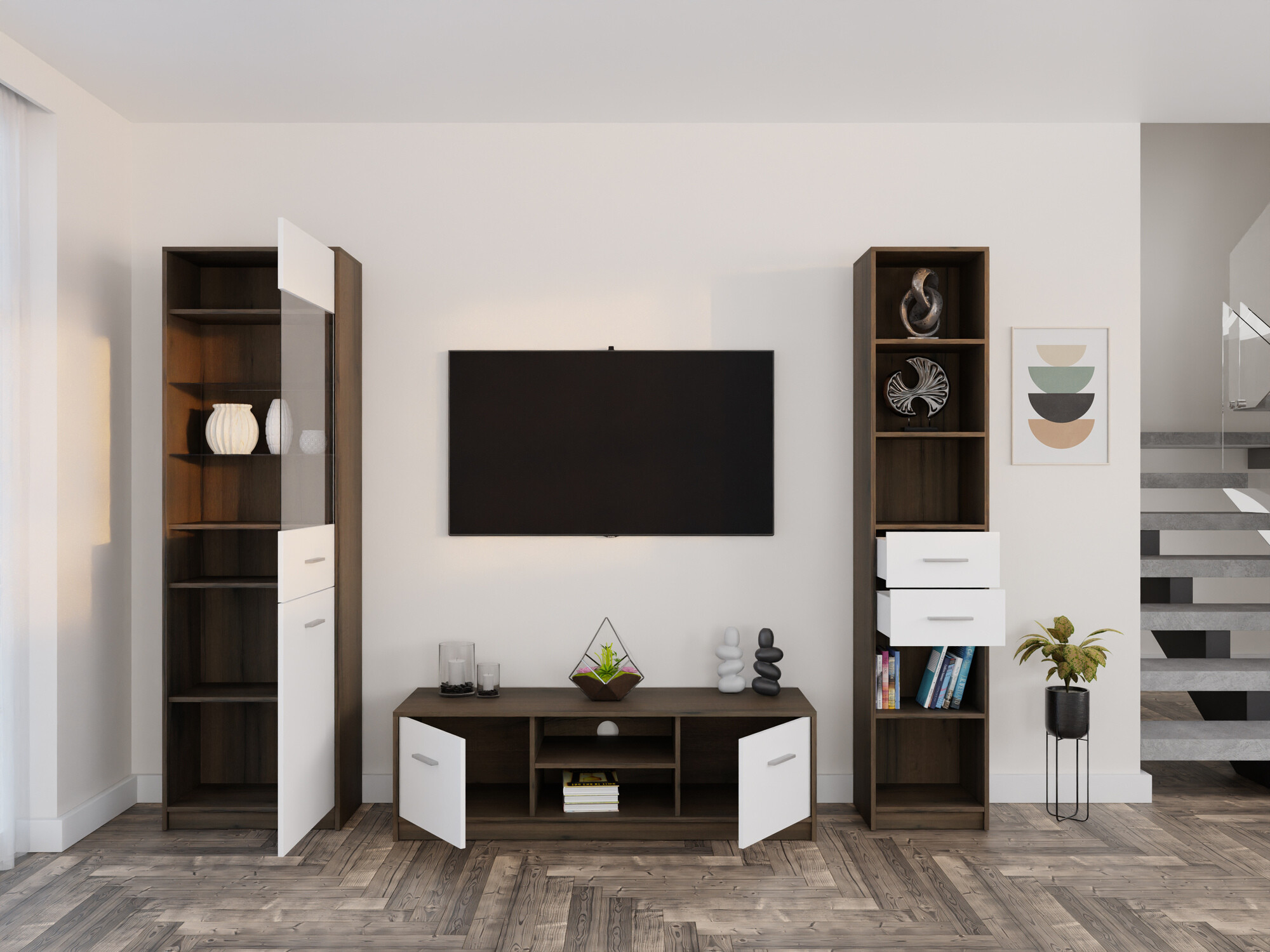 Комплект за хол Novsore 163 (Тъмен дъб + Бял)