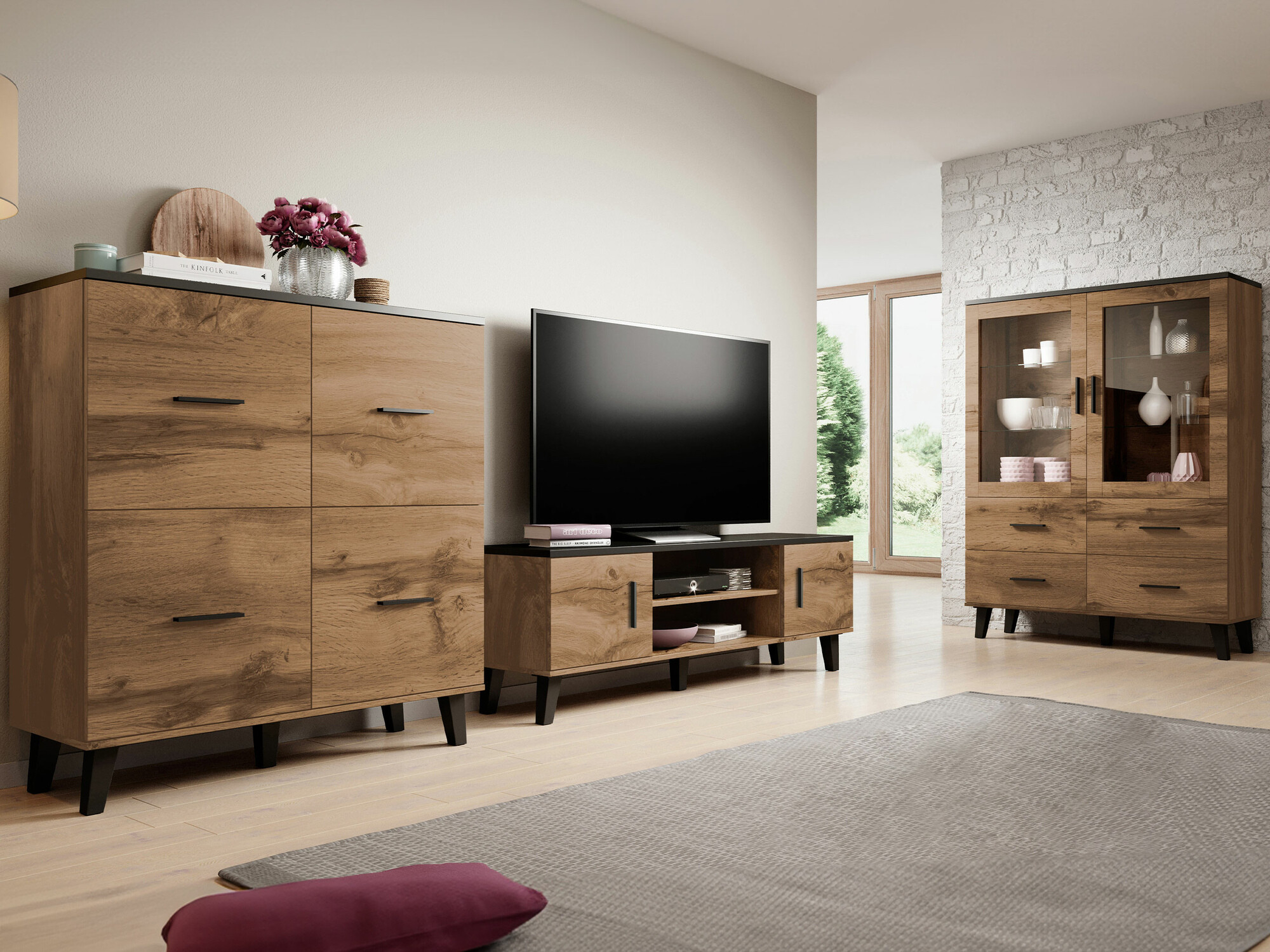 Комплект за хол Larfloi 113 (Дъб уотан + Черен)