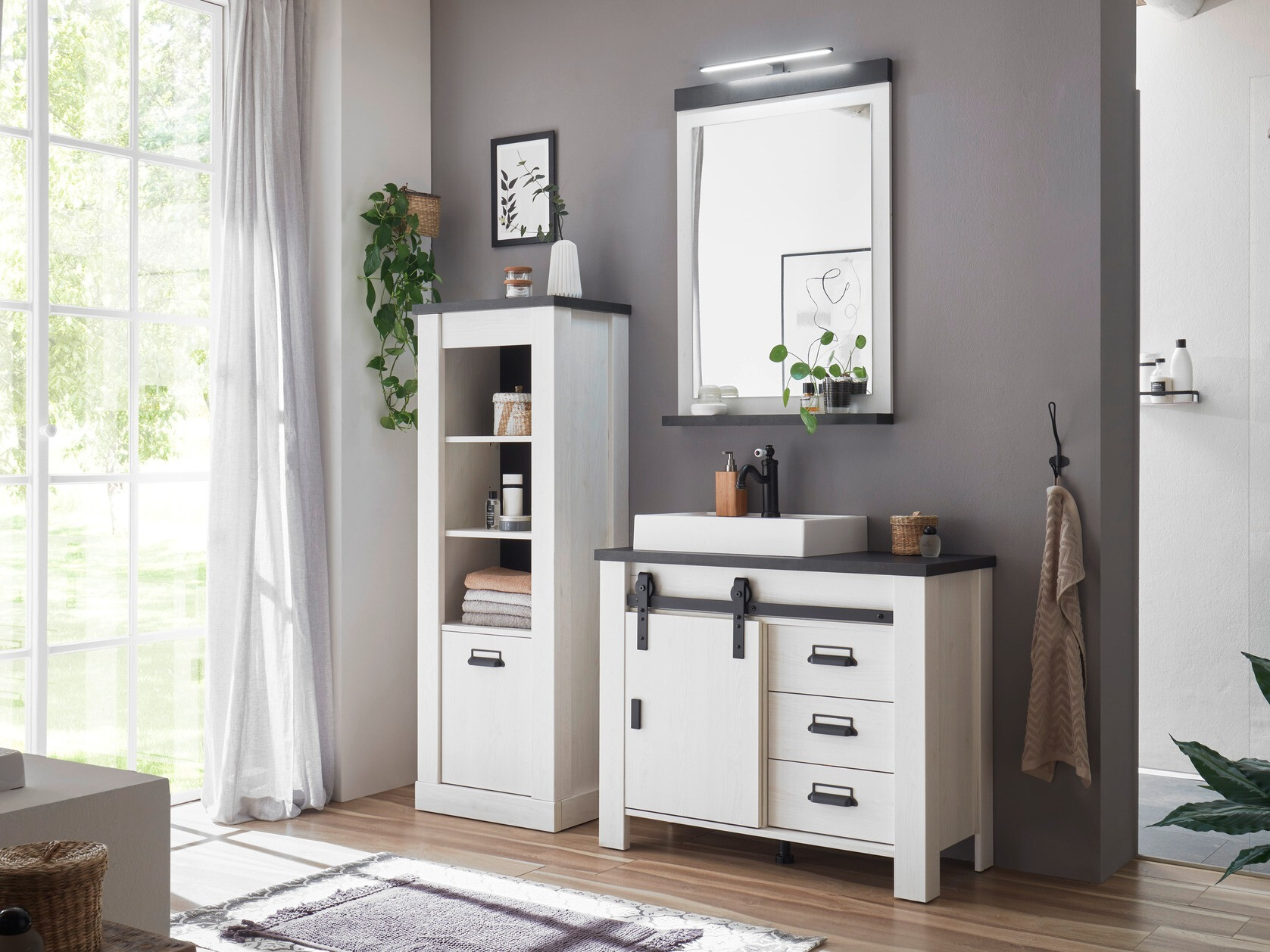 Стоящ шкаф за баня за мивка Cirtale 133 (Избелен бор + Антрацит)