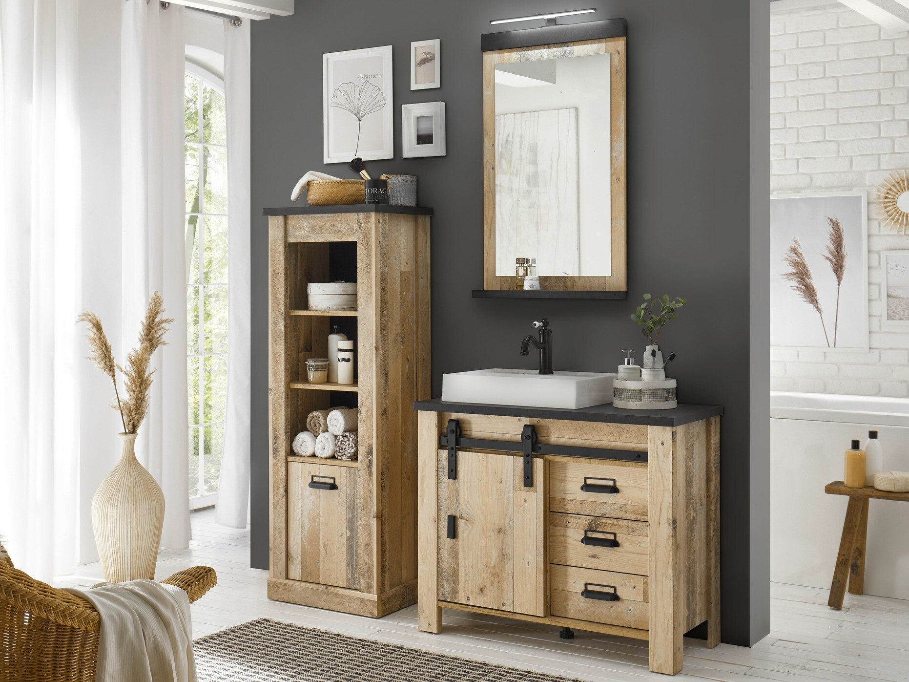 Стоящ шкаф за баня за мивка Cirtale 133 (Отлежало дърво + Антрацит)