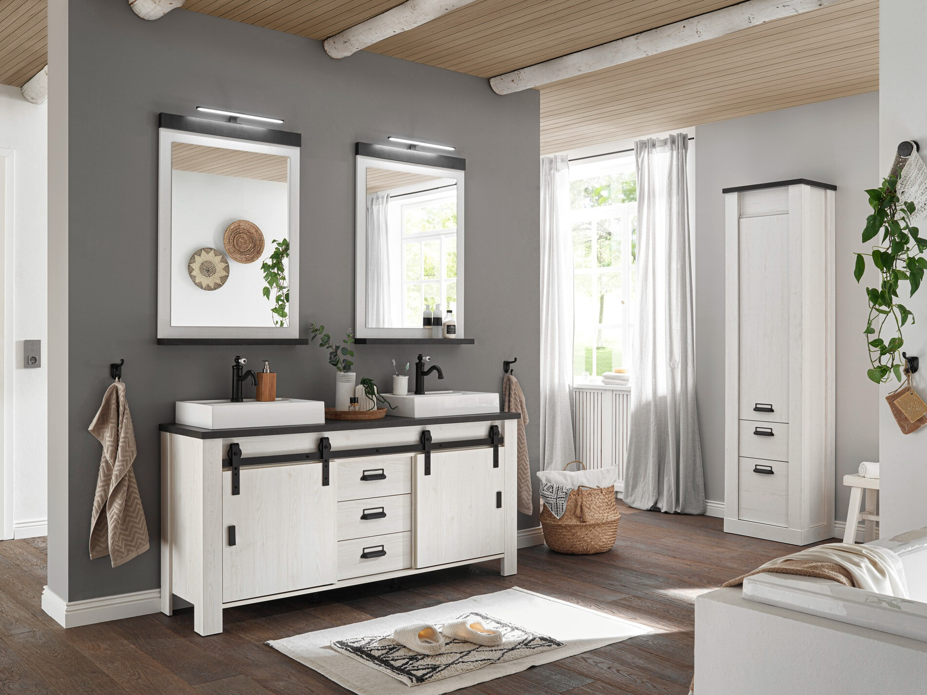 Стоящ шкаф за баня за мивка Cirtale 134 (Избелен бор + Антрацит)