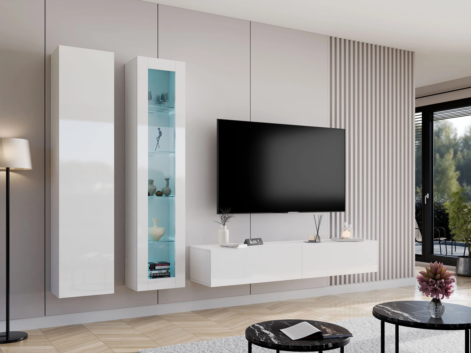 Стенна етажерка Vilrin IV (Бял + Бял гланц)