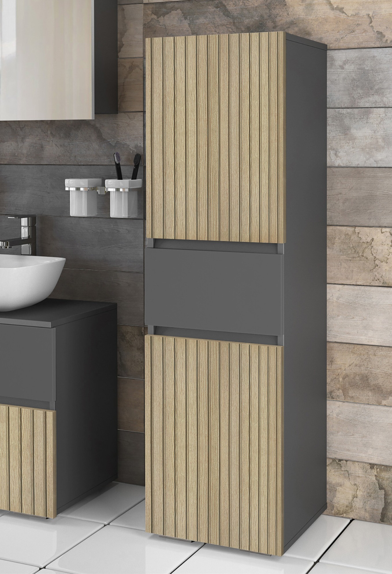 Стоящ шкаф за баня Soncamu 102 (Антрацит + Светъл дъб)