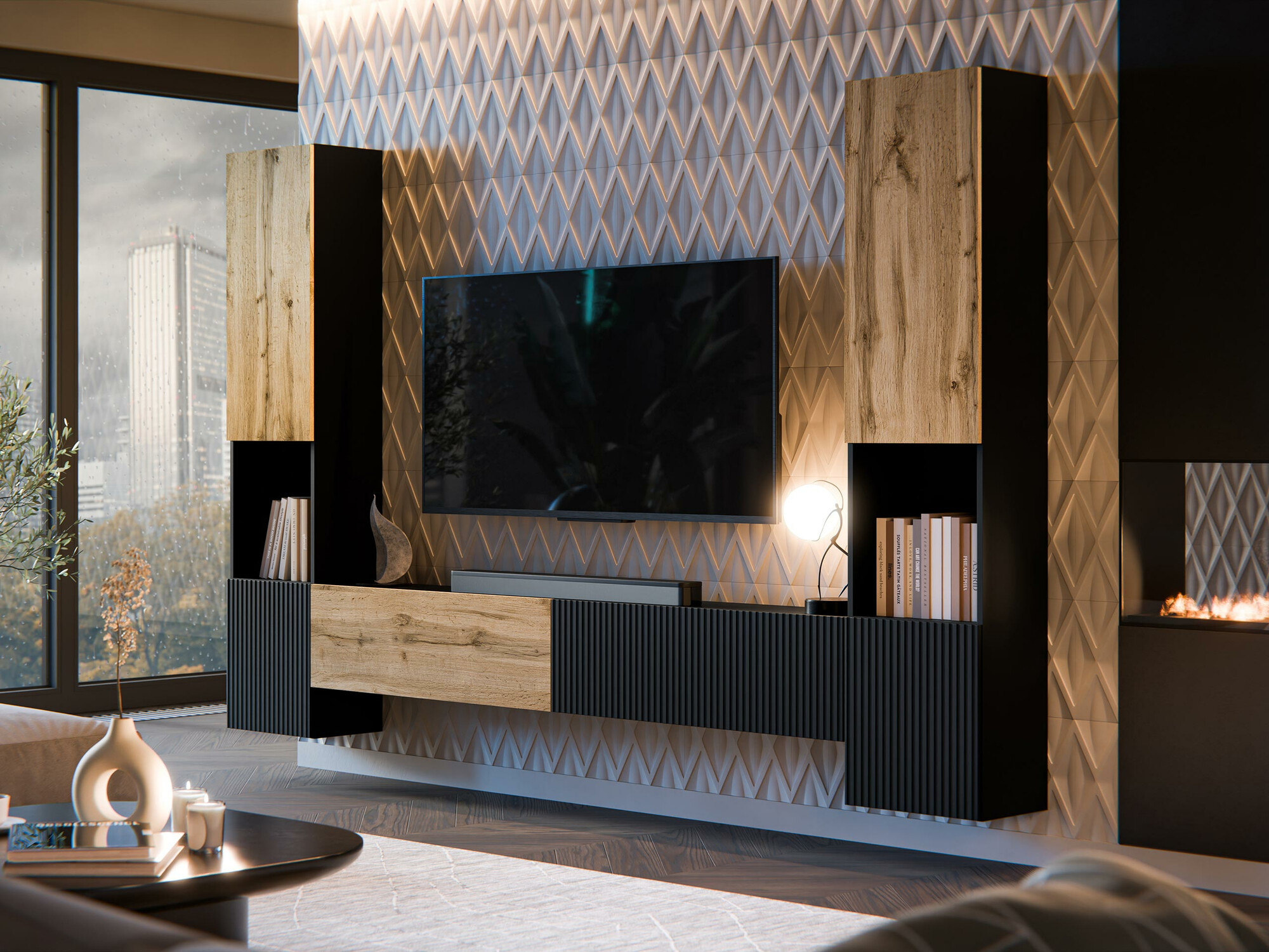 Комплект за хол Species III (Черен + Дъб уотан)