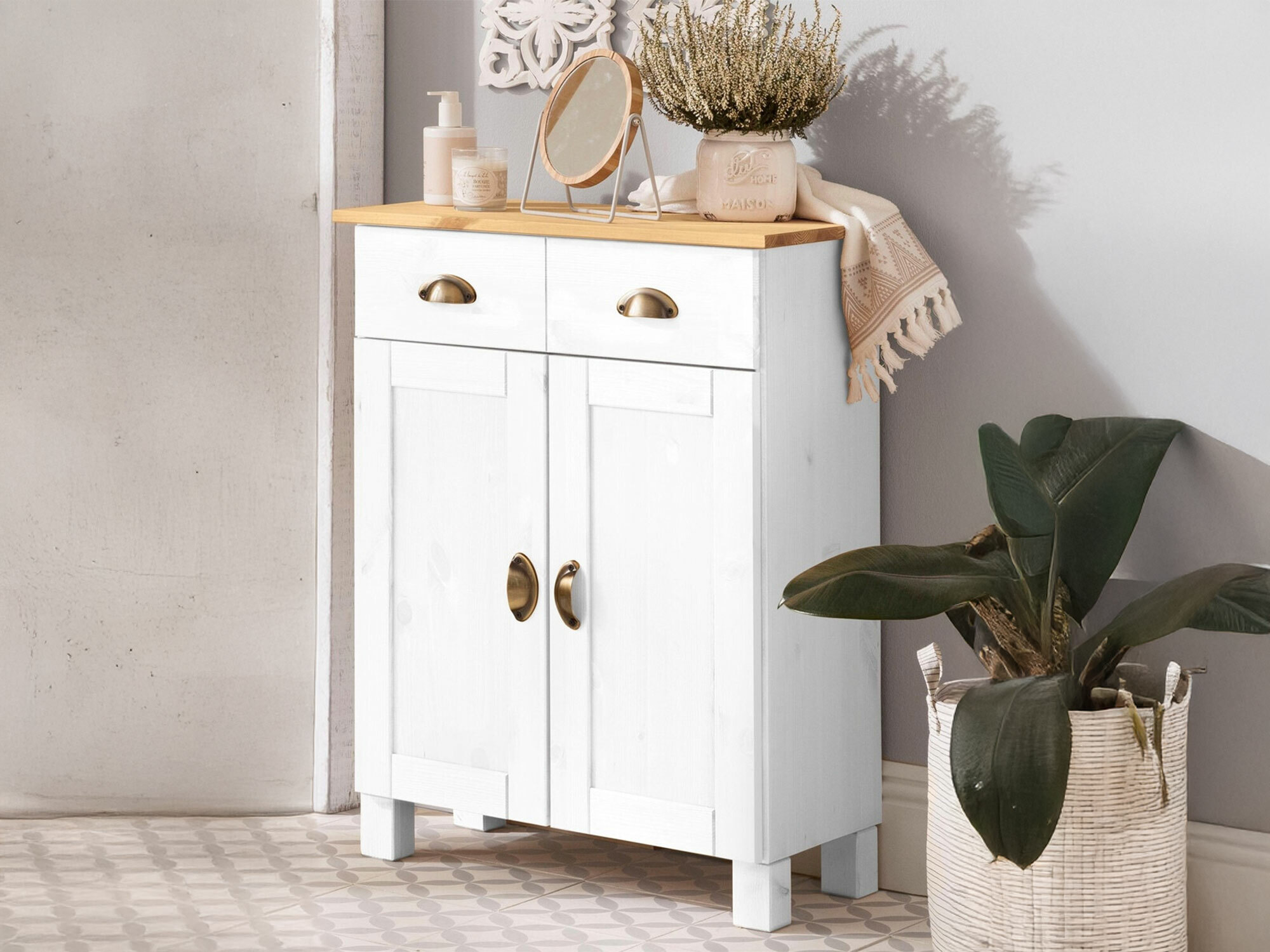 Стоящ шкаф за баня Serelbu 104 (Бял + Светлокафяво)