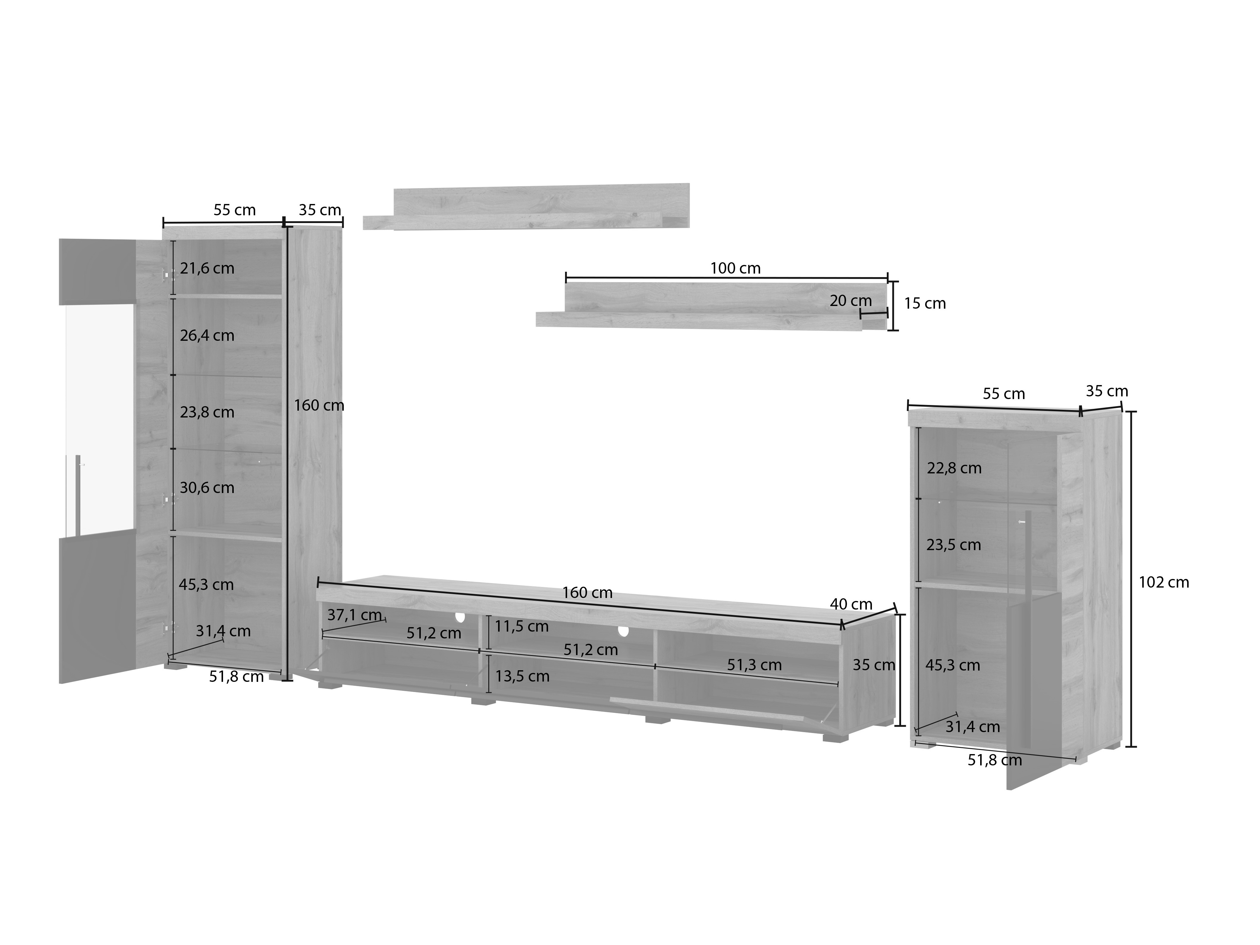 Комплект за хол Sorciro 103 (Черен + Дъб уотан)