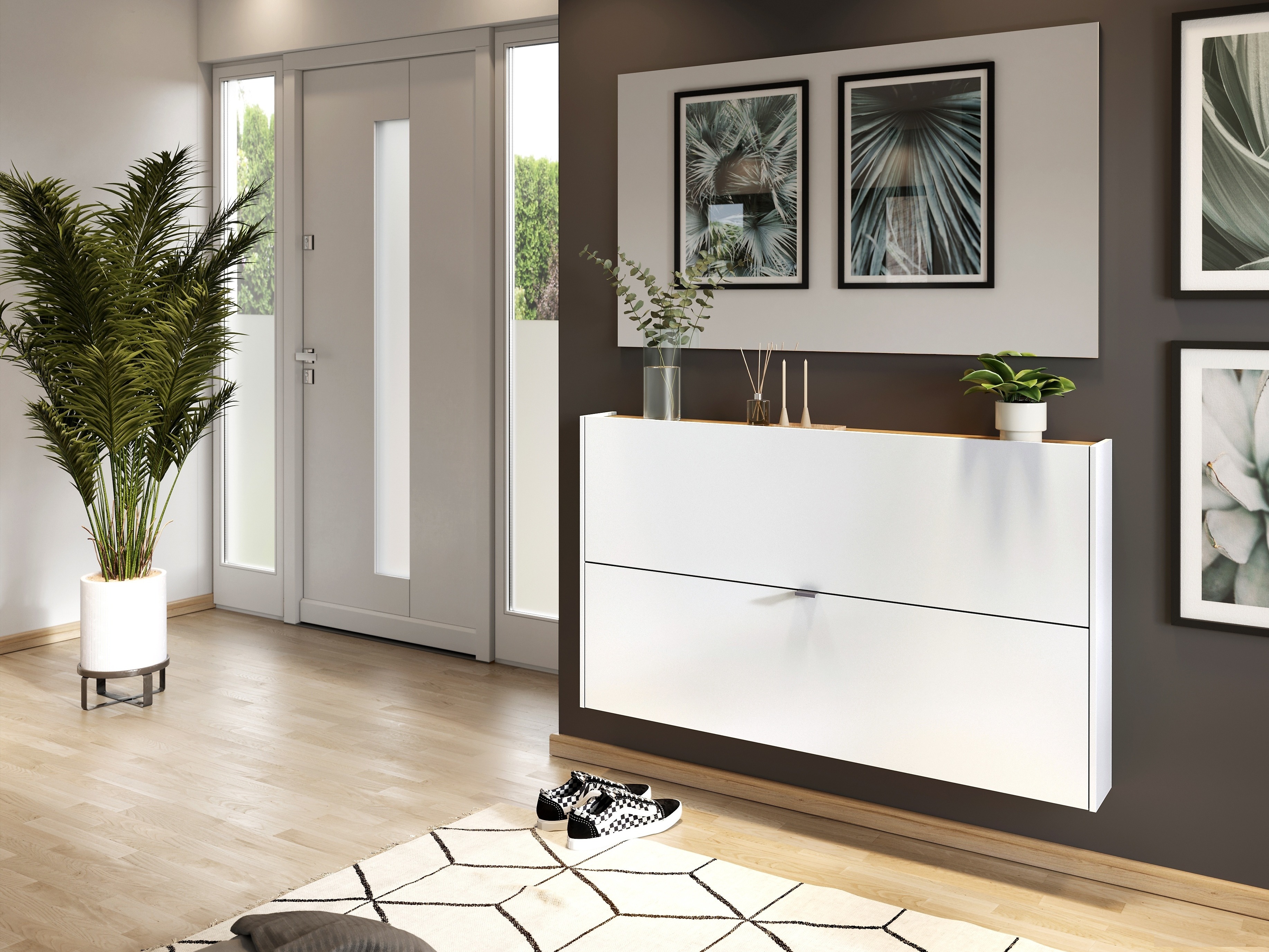 Шкаф за обувки Cirsale 108 (Бял + Navarra дъб)